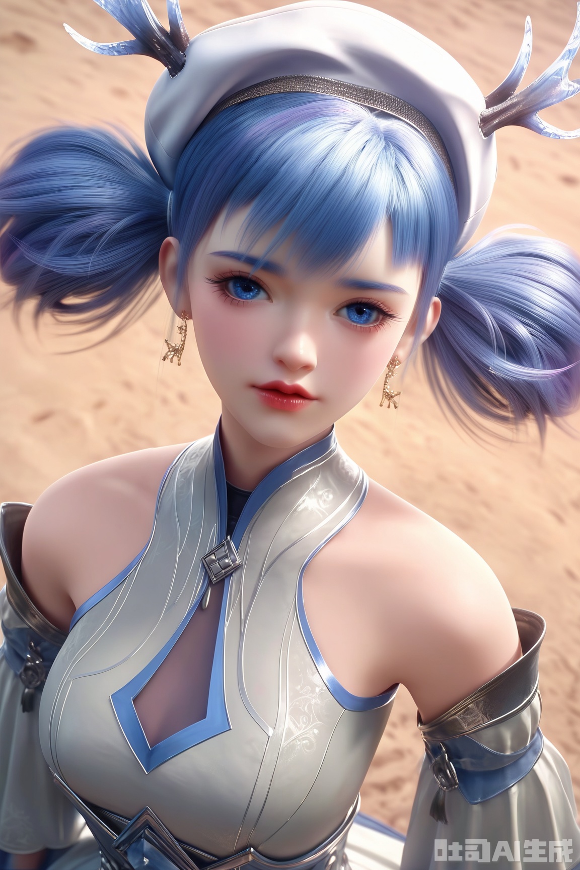 score_9_up,score_8_up,score_7_up,
1girl, solo, blue eyes, hat, dress, bare shoulders, jewelry, blue hair, upper body, earrings, lips, beret,hair rings, realistic, 
