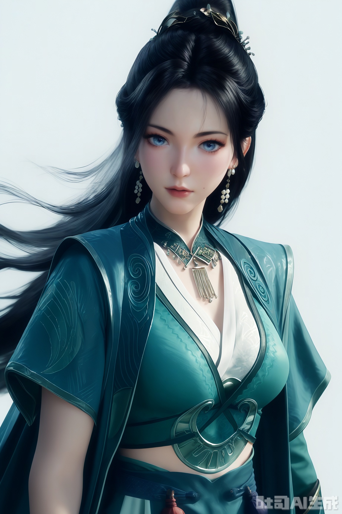 score_9,score_8_up,score_7_up,1girl,long hair,breast,medium breast,earrings,hair_ornament,ponytail,dress,black hair,blue eyes,chinese_clothes,cape,simple background,white_background,