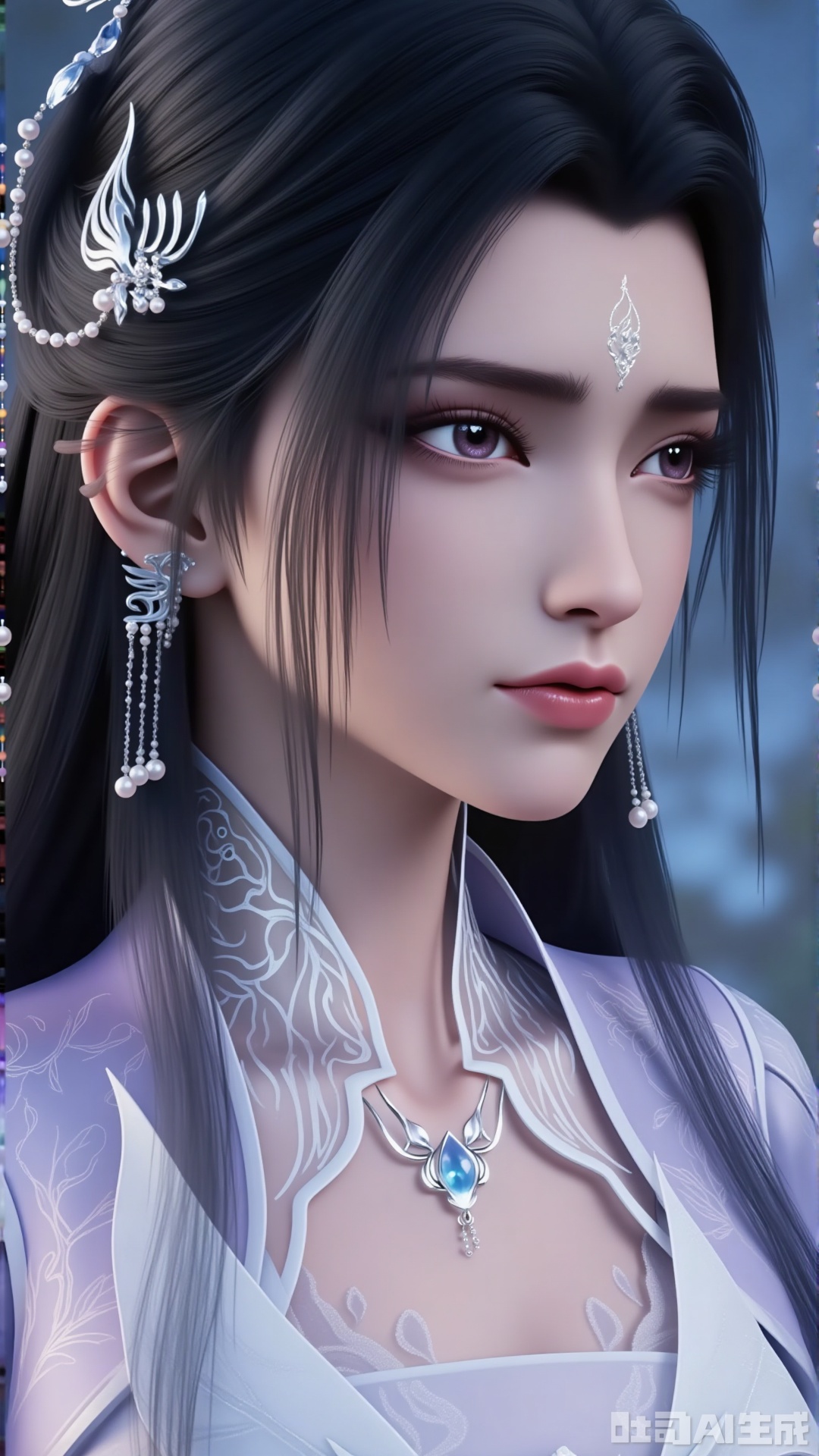 A female character in the style of ancient fantasy martial arts (xianxia). She has long, jet - black and smooth hair. Part of the hair is styled into an elegant updo and secured with exquisite silver hair ornaments. There are delicate white patterns decorating her forehead. She wears long, bar - shaped pearl earrings, with strings of pearls dangling from the earrings. She is dressed in ancient - style clothing with light purple as the main color. There are complex and elaborate white patterns at the neckline. And she is accessorized with a silver necklace adorned with blue gemstones and pearls. The picture is a close - up view, focusing on showing the upper body of the character. The lighting is soft, highlighting the delicate skin texture and the exquisite patterns of the clothing.