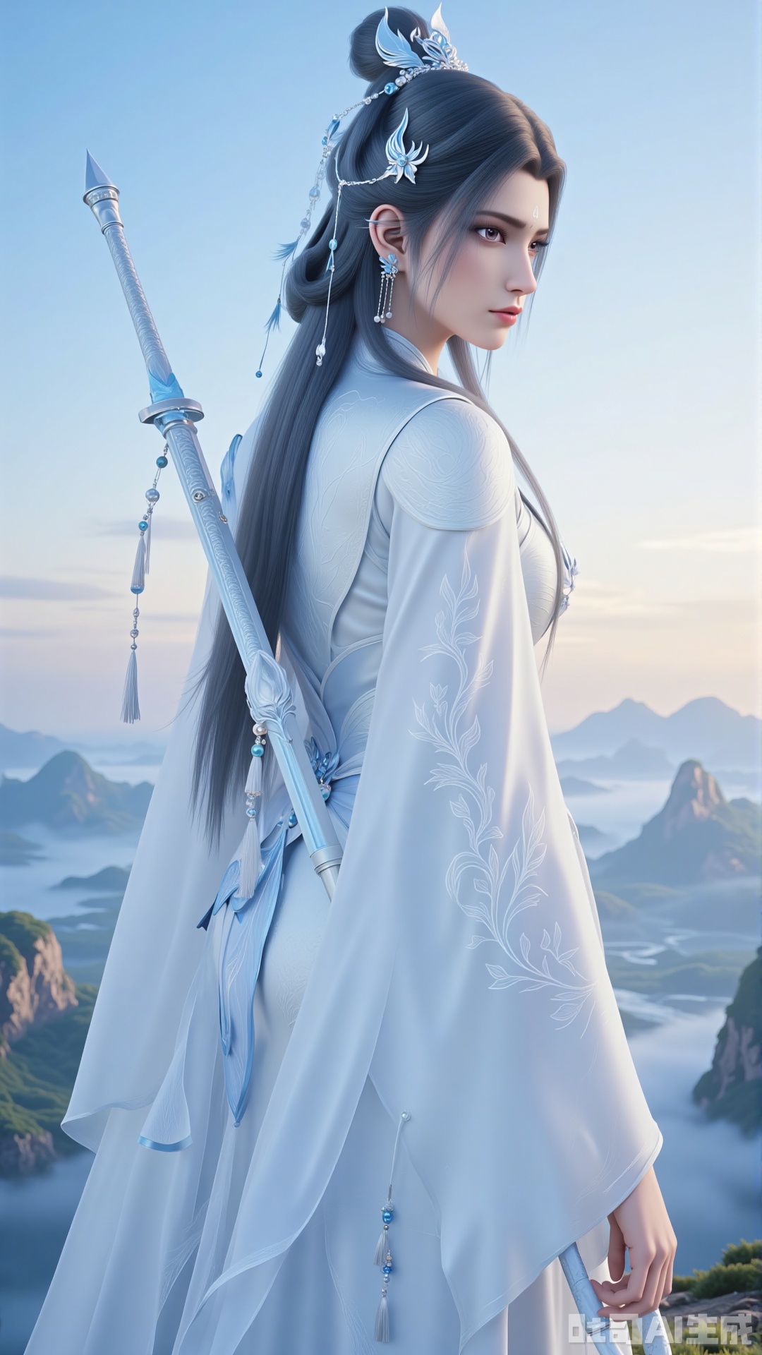 Create a female character in the Xianxia (immortal hero) style. She has long hair, with part of it styled into an elegant high bun, adorned with exquisite silver - white hair accessories that feature flower and feather - like designs. She wears a flowing light - colored (silver - white) traditional Chinese - style long dress with wide sleeves. The dress has complex patterns and blue decorative elements, including ornaments on the sleeves, at the waist, and hanging accessories. She carries a slender sword on her back, with a light - colored hilt. The background is a vast and open - type landscape of mountains and waters, and the sky transitions from blue to a warmer tone, creating a grand atmosphere.