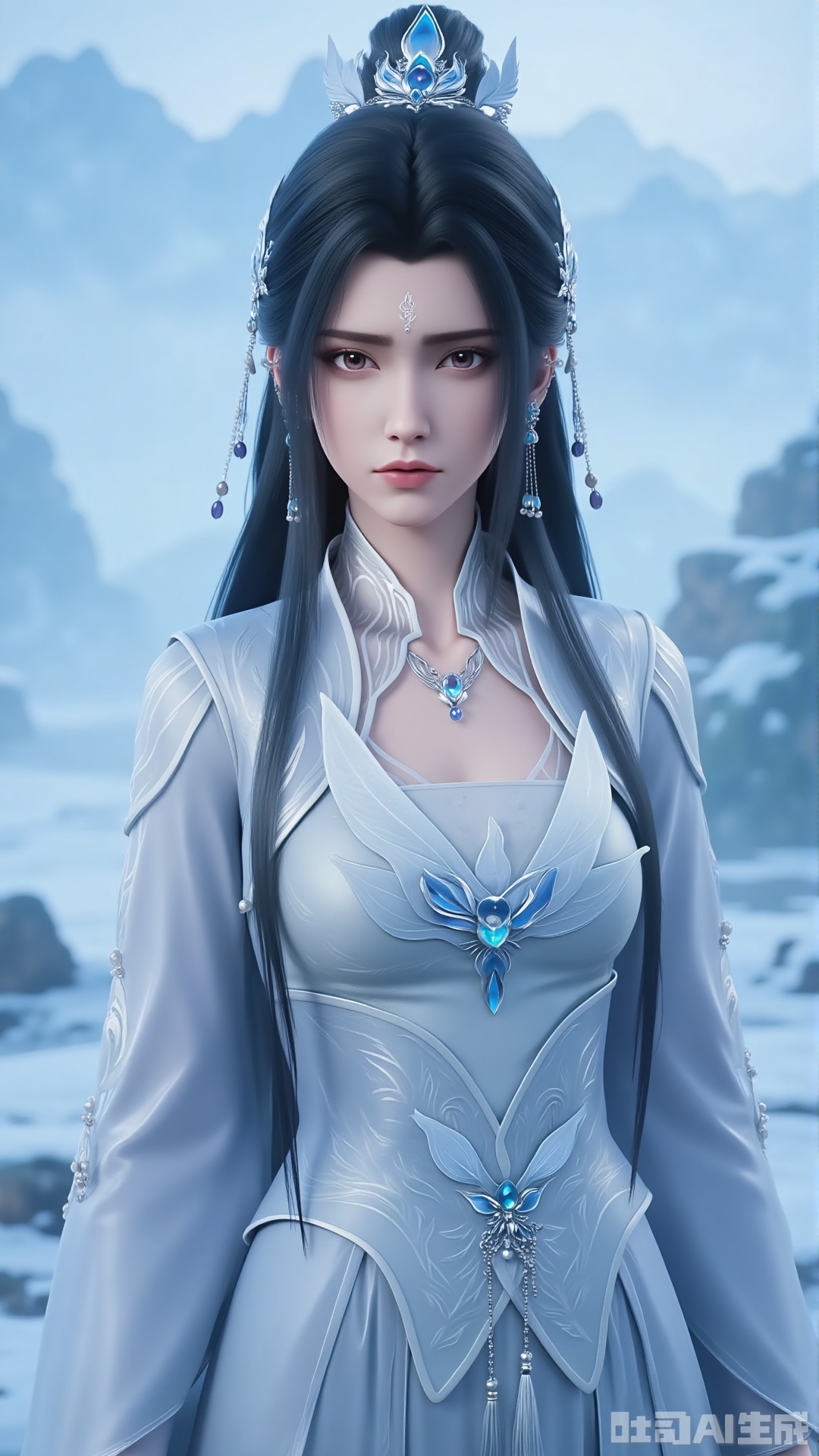 A female character in a xianxia (fantasy martial arts) style. She has long, black and smooth hair, styled into a high bun. She wears an exquisite hair crown inlaid with blue gemstones and featuring white feather - like elements. Simple silver tassel accessories are dotted among her hair. She is dressed in an ancient - style long dress with light gray as the main color. There are delicate white patterns on the clothing. Blue flower - shaped silver ornaments adorn her chest and waist, matched with pendant bead chains of the same color. The background is a light blue landscape of mountains and waters, creating a cold and elegant atmosphere. It is realistic, with soft lighting, highlighting the classical beauty and xianxia temperament of the character.
