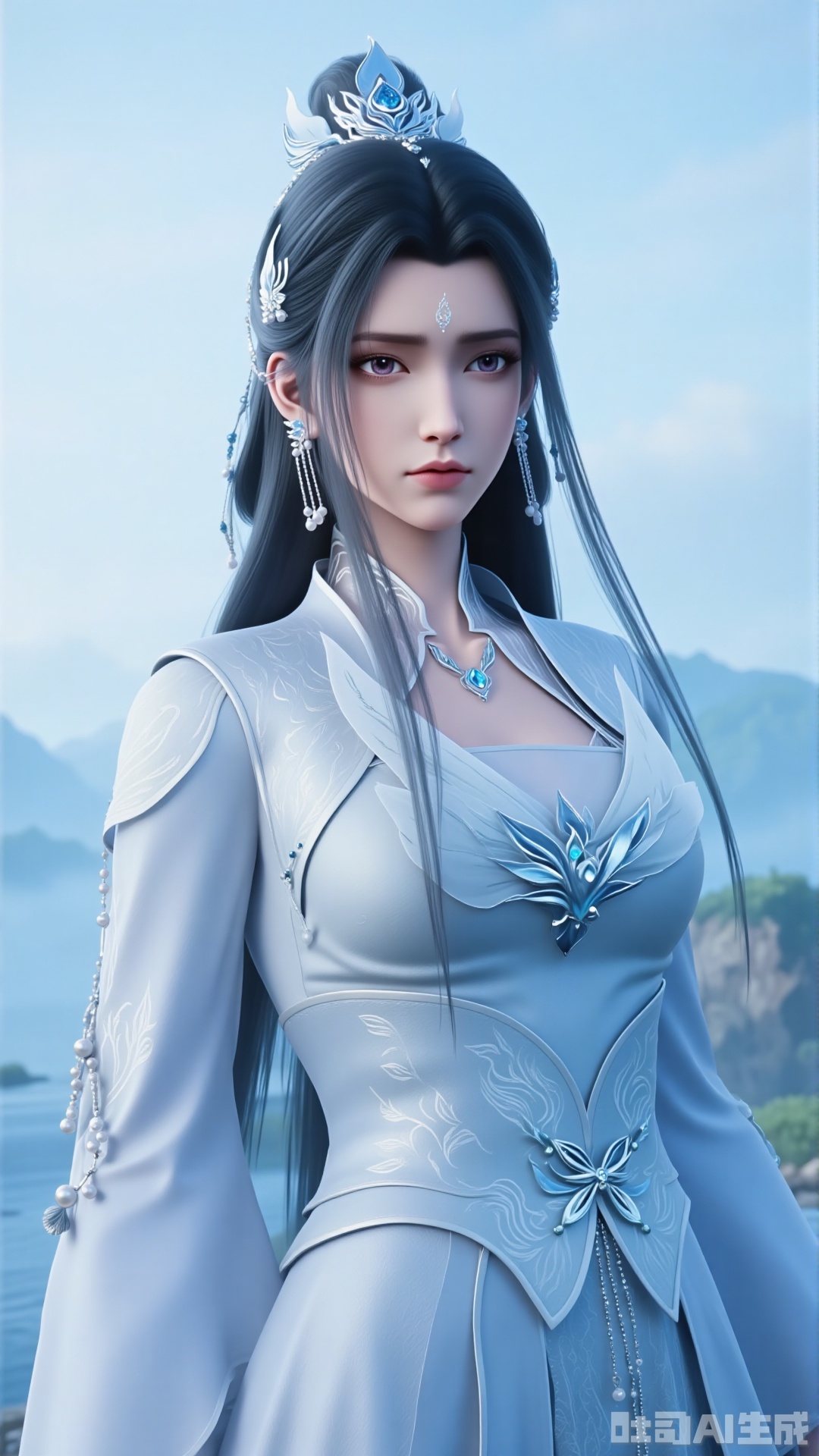 A female character in a xianxia (fantasy martial arts) style. She has long, black and smooth hair, styled into a high bun. She wears an exquisite hair crown inlaid with blue gemstones and featuring white feather - like elements. Simple silver tassel accessories are dotted among her hair. She is dressed in an ancient - style long dress with light gray as the main color. There are delicate white patterns on the clothing. Blue flower - shaped silver ornaments adorn her chest and waist, matched with pendant bead chains of the same color. The background is a light blue landscape of mountains and waters, creating a cold and elegant atmosphere. It is realistic, with soft lighting, highlighting the classical beauty and xianxia temperament of the character.