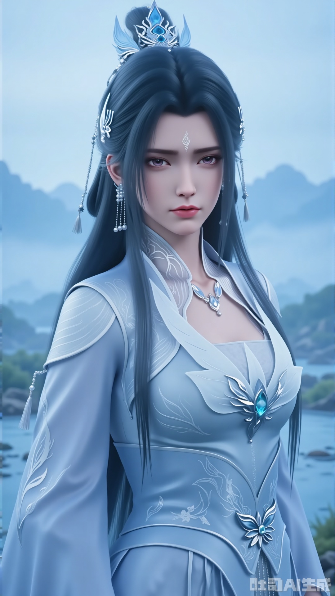 A female character in a xianxia (fantasy martial arts) style. She has long, black and smooth hair, styled into a high bun. She wears an exquisite hair crown inlaid with blue gemstones and featuring white feather - like elements. Simple silver tassel accessories are dotted among her hair. She is dressed in an ancient - style long dress with light gray as the main color. There are delicate white patterns on the clothing. Blue flower - shaped silver ornaments adorn her chest and waist, matched with pendant bead chains of the same color. The background is a light blue landscape of mountains and waters, creating a cold and elegant atmosphere. It is realistic, with soft lighting, highlighting the classical beauty and xianxia temperament of the character.