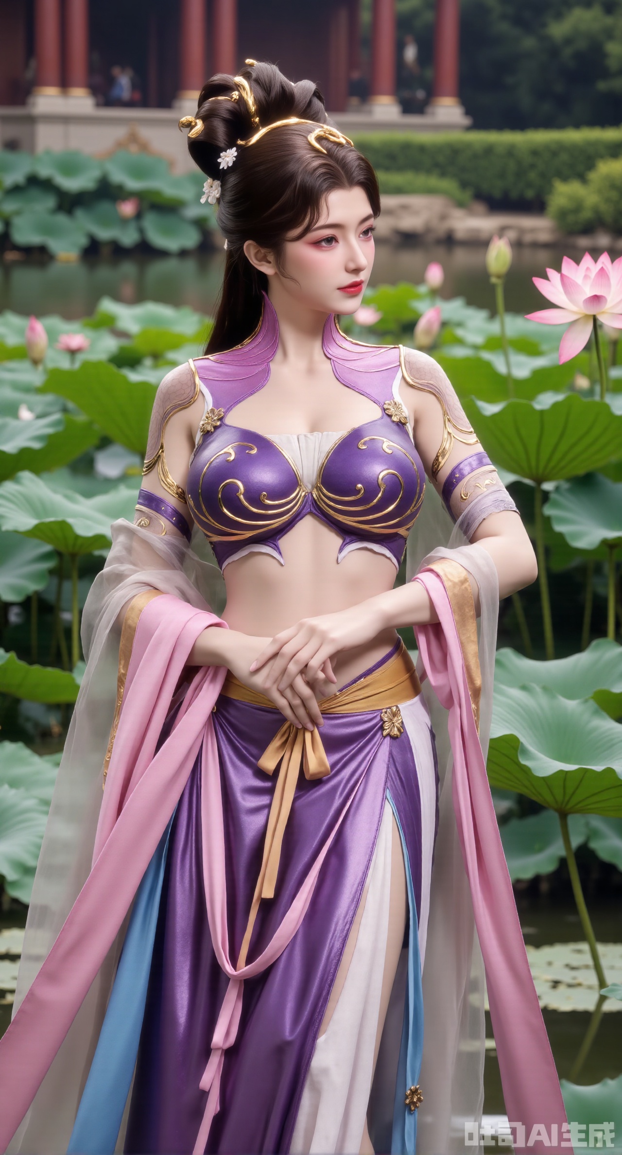  (masterpiece, best quality:1.2),1girl,,big breasts,(Suzhou Garden Lotus Pond,pink lotus,green Lotus Leaf:1.39),(gigantic breasts:2.99),(full breasts:2.99),(Background with traditional Chinese architecture, lotus pond and pink lotus flowers:1.39),,Xhanfududou,Xsongzhihanfu,Xlujiajia,Xyanqingfei,XfuqingyunY,Xtangqixiongshanqun