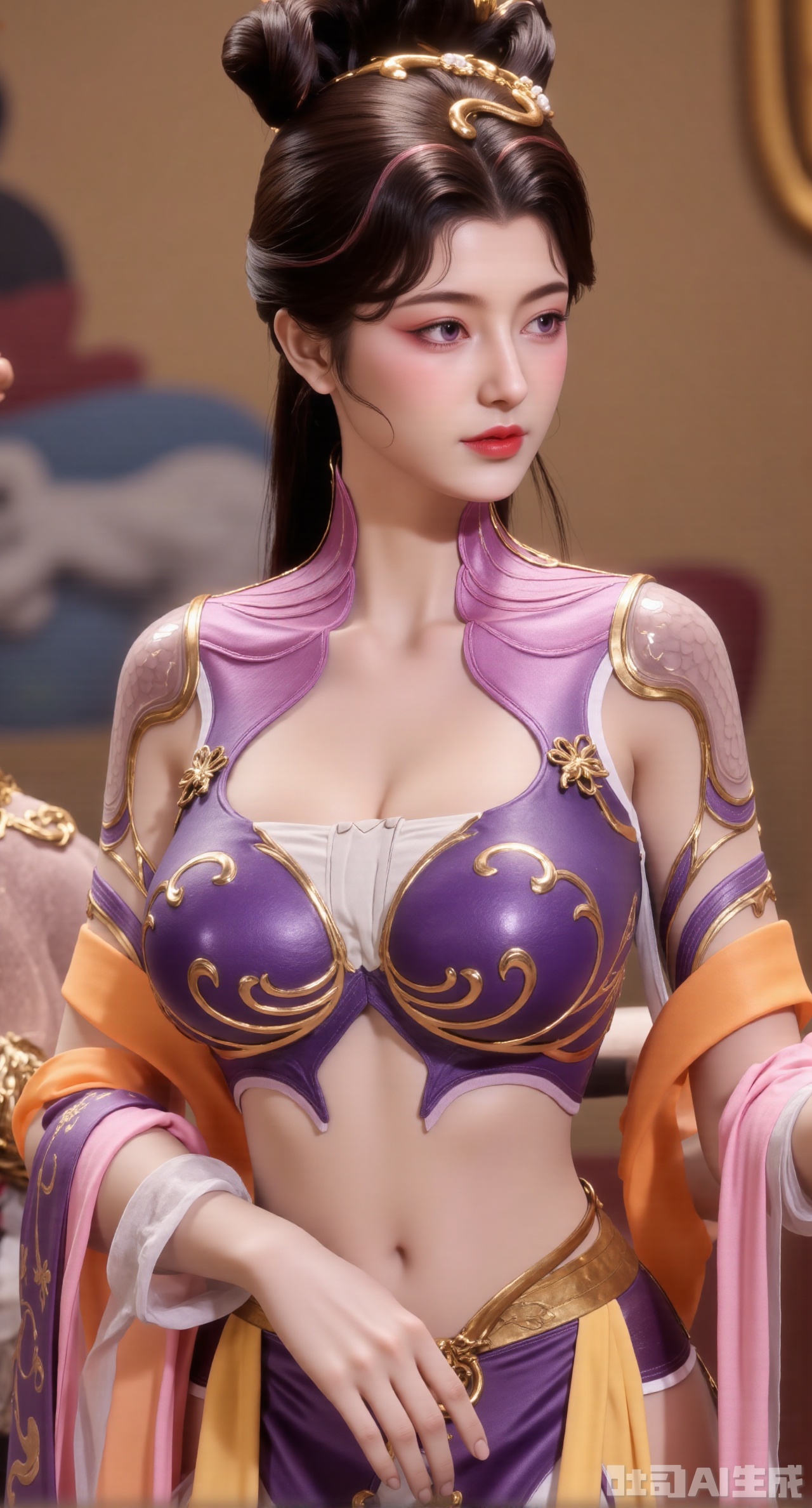 (masterpiece, best quality:1.23),A Hanfu - dressed girl presenting the style of a Dunhuang flying - apsara dancing maiden. She wears a light - purple chest - high ruqun embroidered with complex flame patterns in gold thread, with a strong visual impact. The upper ru has a narrow - sleeve design, and the cuffs are embroidered with white cloud patterns. The girl's hair is combed into a falling - horse bun, with a gold hairpin with pendants inlaid with pearls inserted in her hair, swaying gently with her movements. She drapes an orange - red pibo shawl over her shoulders, flying as if dancing in the clouds. The background is the mural scene of the Dunhuang Mogao Grottoes, with the images of bodhisattvas and celestial musicians faintly visible, and part of it is blurred,(huge breasts, full breasts:2.98),Xhanfududou,Xsongzhihanfu,Xlujiajia,Xyanqingfei,XfuqingyunY,Xtangqixiongshanqun,Xfeitianhanfu