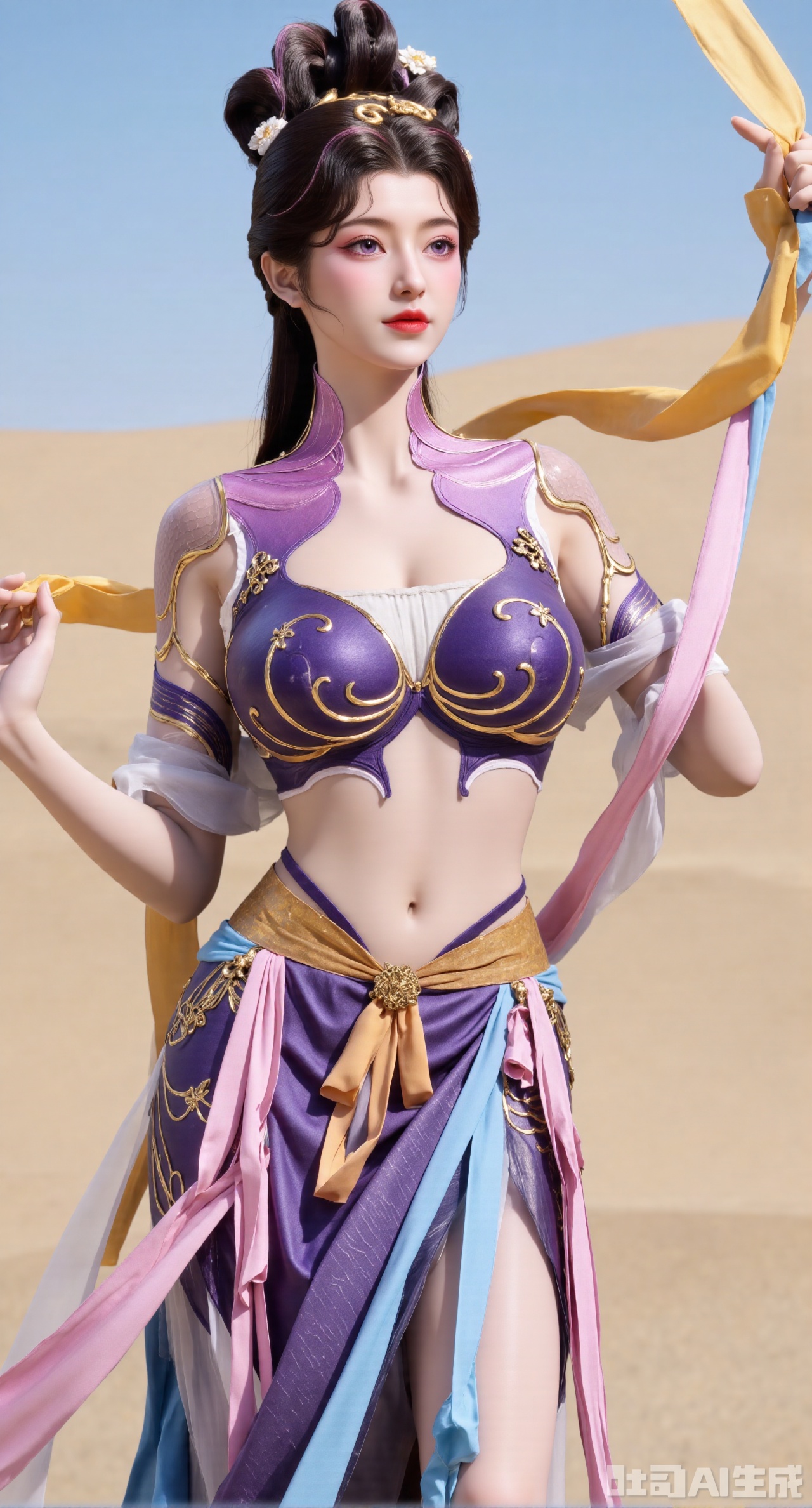 (masterpiece, best quality:1.23),A Hanfu - dressed girl with the style of a Dunhuang flying - apsara dancing maiden. She wears an off - white straight - collar short shirt embroidered with well - arranged lotus and lotus - leaf patterns using colored silk threads, fresh and elegant. She wears a navy - blue high - waist long skirt, and the skirt shows Dunhuang - style geometric patterns through the brocade - weaving technique. The girl's hair is combed into double - spiral buns, decorated with blue glass beads and golden flower ornaments. She holds a golden - yellow silk ribbon, dancing in the air like the ribbon of a flying apsara. The background is the Crescent Moon Spring in Dunhuang, surrounded by continuous sand dunes, with a blue sky, and part of the background is blurred,(huge breasts, full breasts:2.98)Xhanfududou,Xsongzhihanfu,Xlujiajia,Xyanqingfei,XfuqingyunY,Xtangqixiongshanqun,Xfeitianhanfu