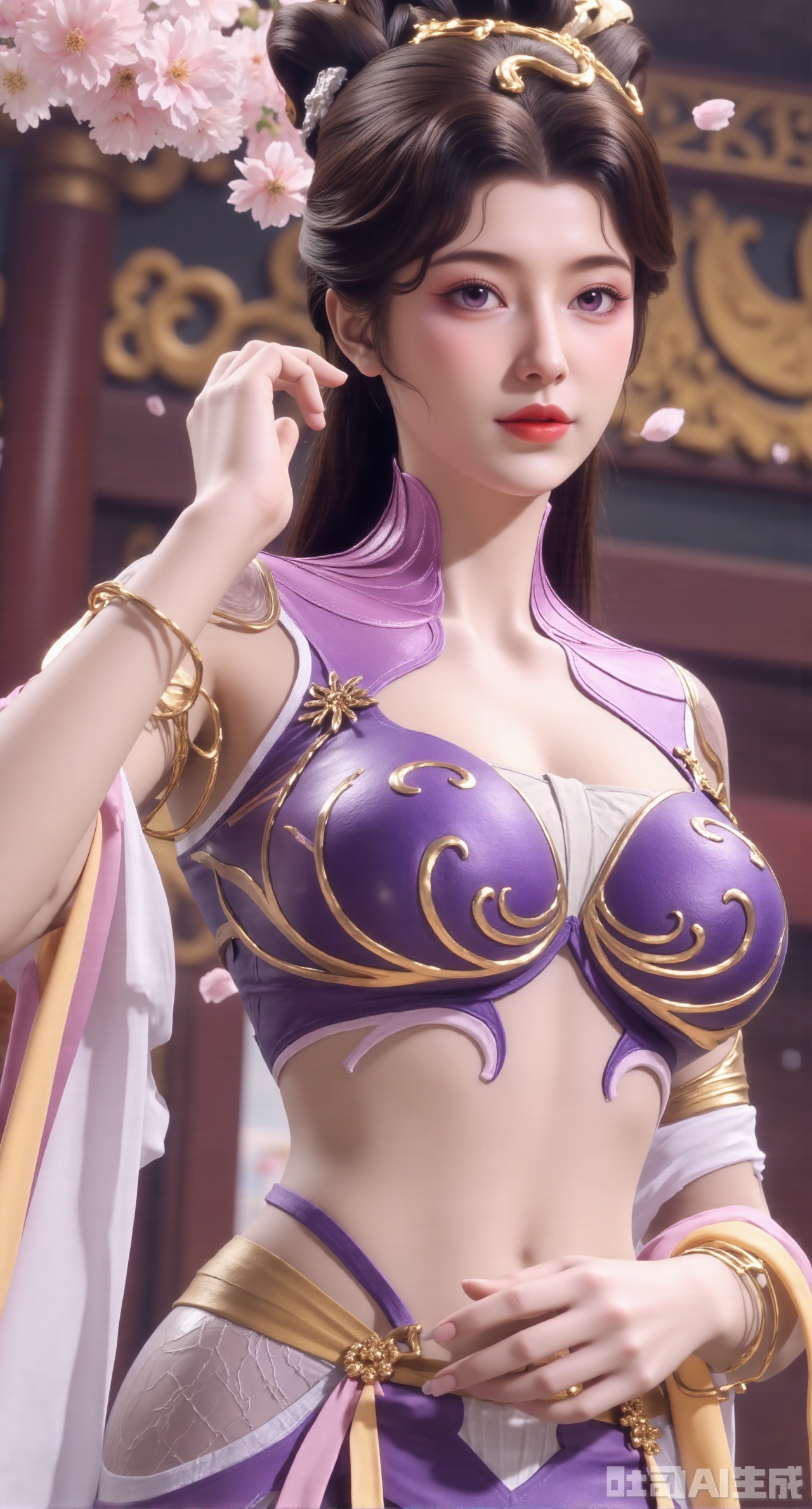 (masterpiece, best quality:1.2),1girl, solo, long hair, breasts, looking at viewer, large breasts, hair ornament, dress, bare shoulders, jewelry, purple eyes, long hair, flower, earrings, outdoors, parted lips, necklace, hand on hip, petals, hanfu dress, cherry blossoms, long dress, architecture, east asian architecture, falling petals,(gigantic breasts:2.99),(full breasts:2.99),,Xhanfududou,Xsongzhihanfu,Xlujiajia,Xyanqingfei,XfuqingyunY,Xtangqixiongshanqun