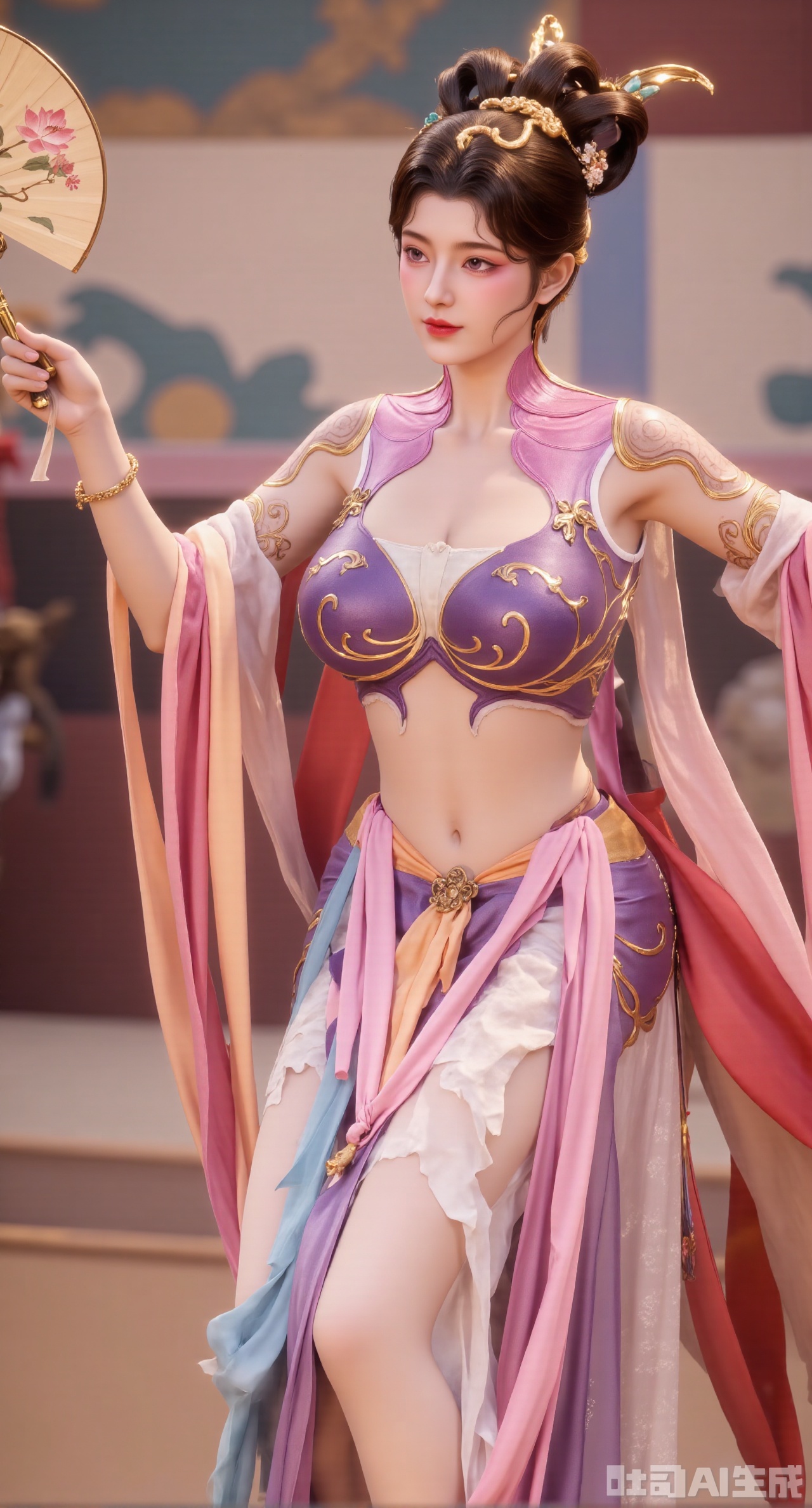 (masterpiece, best quality:1.23),A Hanfu - dressed girl in the style of a Dunhuang flying - apsara dancing maiden. She wears a light - pink chest - high ruqun as light as a feather. The skirt is embroidered with scroll - grass and flowing - cloud patterns outlined in golden silk threads, delicate and beautiful. The upper ru is made of semi - transparent gauze, embroidered with colorful lotus patterns. The girl's hair is combed into double - loop Wangxian buns, with a gold hairpin inlaid with turquoise inserted between the buns, and the hanging beads sway gracefully. She drapes a long red pibo shawl over her shoulders, fluttering in the wind like the ribbons of a flying apsara. Holding a round fan painted with elements of Dunhuang murals, she has a light posture as if dancing. The background is the colorful Dunhuang Mogao Grotto murals, with part of it blurred to highlight the subject,(huge breasts, full breasts:2.98),Xhanfududou,Xsongzhihanfu,Xlujiajia,Xyanqingfei,XfuqingyunY,Xtangqixiongshanqun