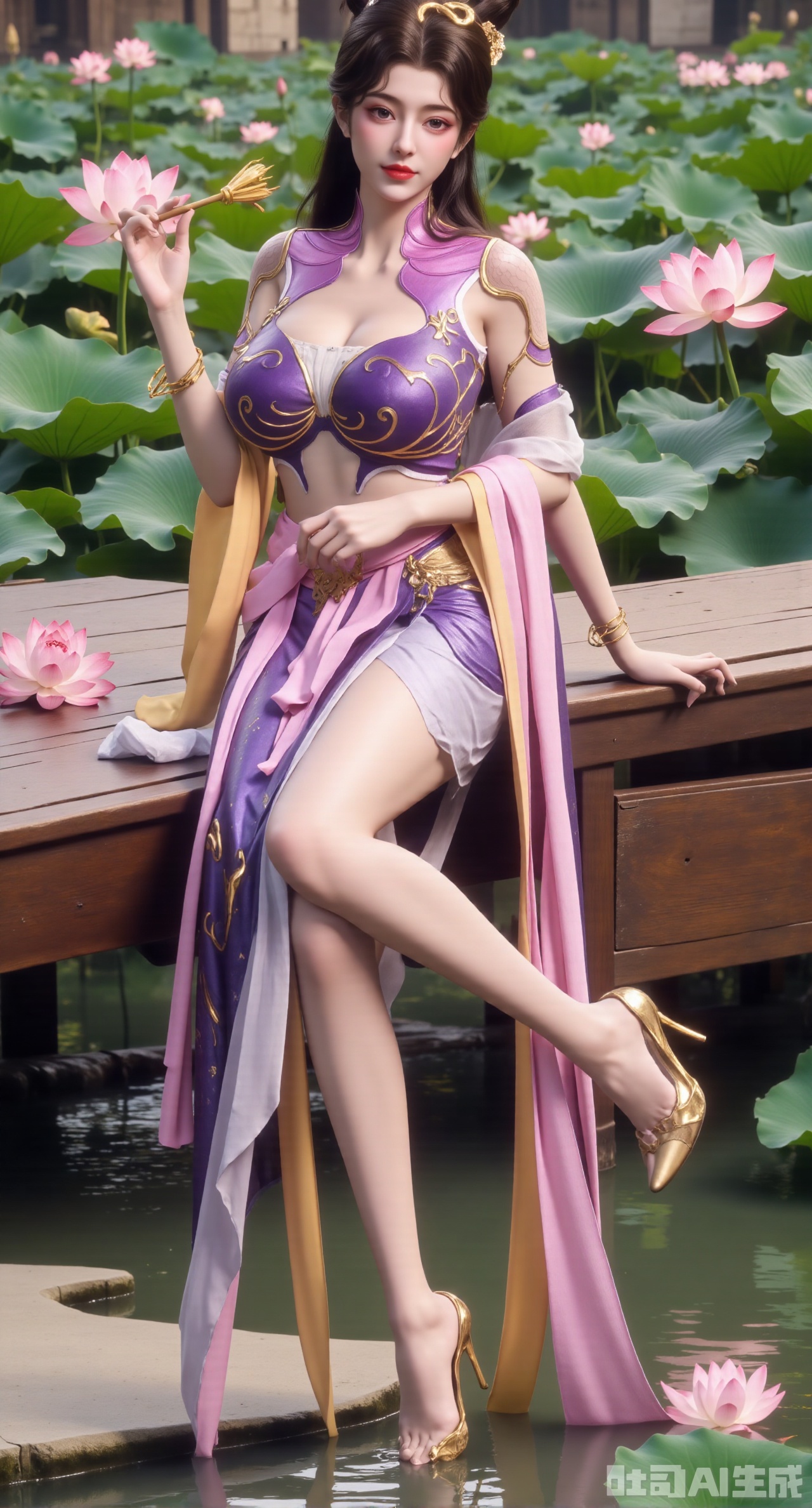 (masterpiece:1.2),best quality,The image is a digital illustration of a young woman sitting on a wooden bench in a pond with lily pads. She is wearing a long dress with design on the chest and sleeves. The dress has a high neckline and short sleeves,Holding a lotus in hand. She has long dark hair styled in loose waves and is wearing gold high heels. The woman is posing with one hand on her hip and the other resting on the edge of the bench. The background is filled with pink and white lotus flowers and green leaves. The overall mood of the image is peaceful and serene,(huge breasts:2.99),(full breasts:2.99),(Background with traditional Chinese architecture, lotus pond and pink lotus flowers:1.39),,,Xhanfududou,Xsongzhihanfu,Xlujiajia,Xyanqingfei,XfuqingyunY,Xtangqixiongshanqun