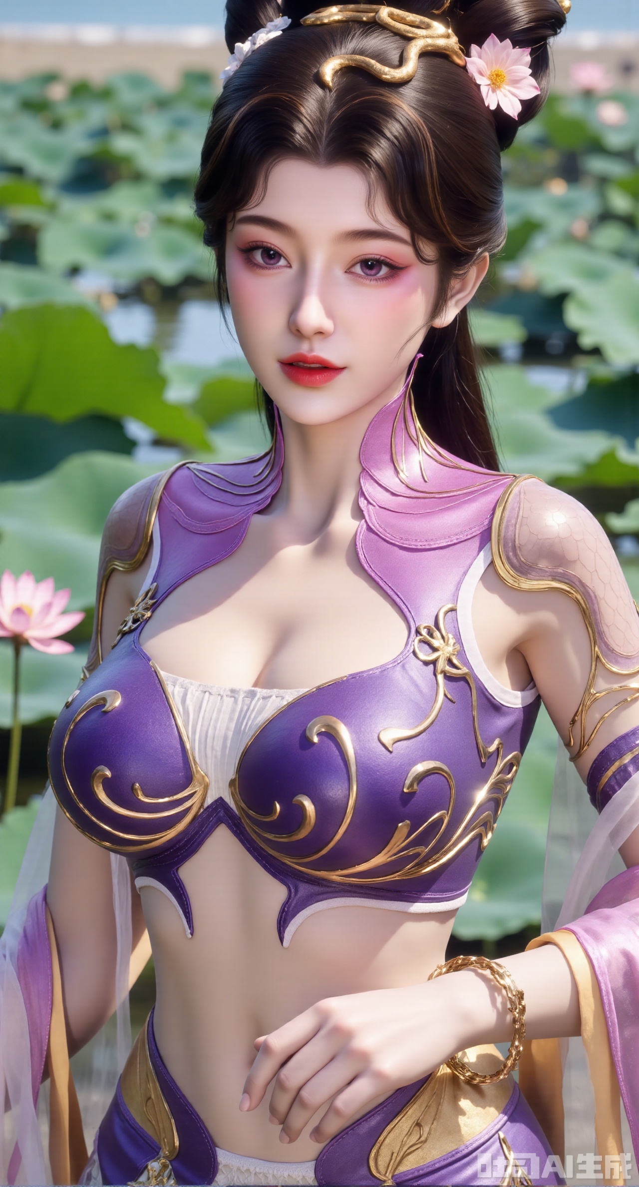 (masterpiece, best quality:1.2),1girl, navel, solo, midriff, bare shoulders, hair ornament, flower, hair flower, black hair, red lips,BREAK, (looking at viewer:1.39), chinese clothes,(Holographic long dress:1.39), (lace,Rainbow Gradient Color:1.29),BREAK,purple eyes,blurry, solo focus, long hair, lips, daytime, lipstick, outdoors, (upper body,,Long legs:1.29), blurry,(huge breasts,full breasts:2.41), background, 1girl, makeup, hair bun,(Blue sky:1.39),(Suzhou Garden Lotus Pond,lotus,Lotus Leaf:1.39),(huge breasts:2.99),(full breasts:2.99),(Background with traditional Chinese architecture, lotus pond and lotus flowers:1.39),,,Xhanfududou,Xsongzhihanfu,Xlujiajia,Xyanqingfei,XfuqingyunY,Xtangqixiongshanqun