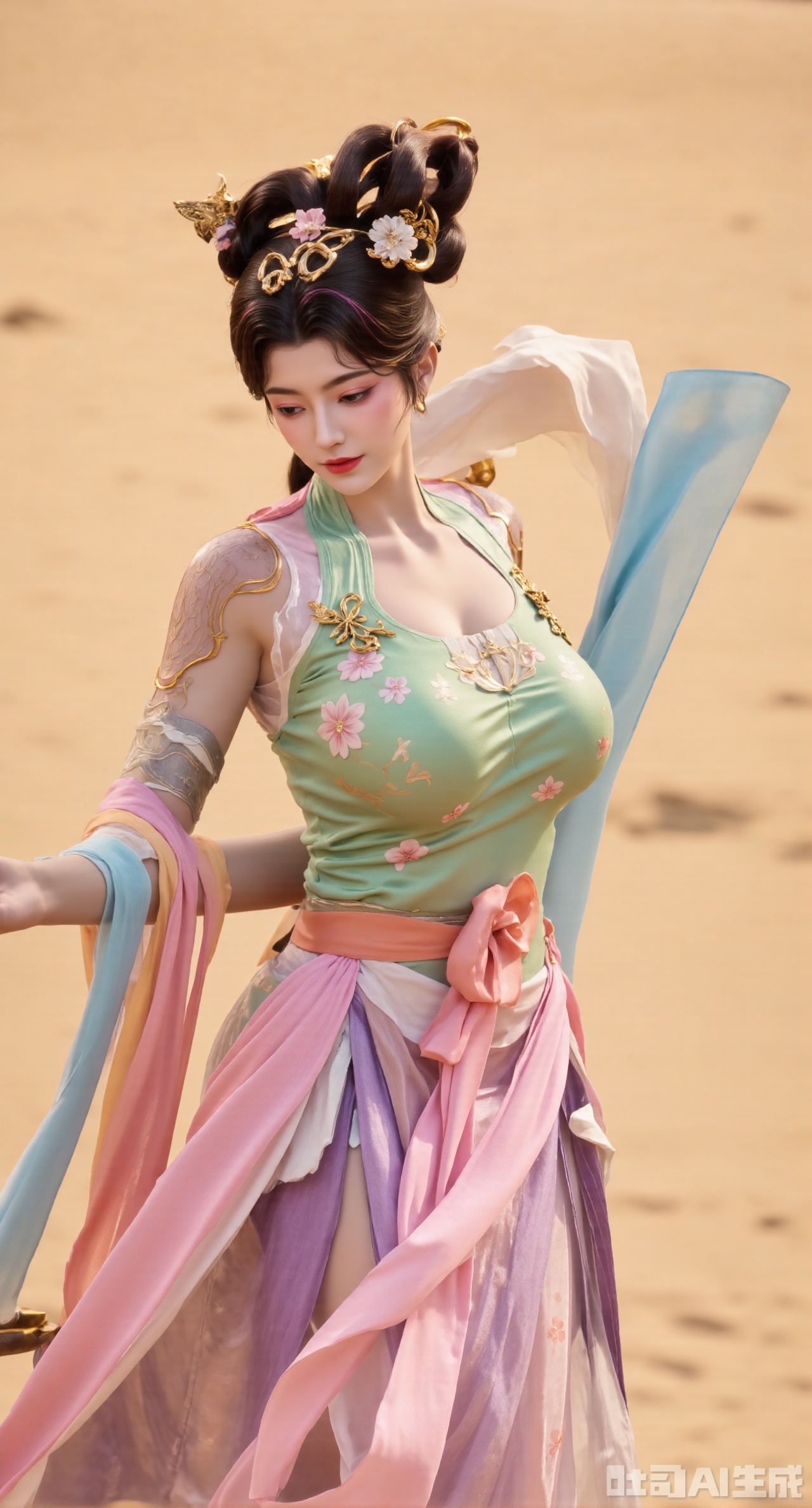 (masterpiece, best quality:1.23),A Hanfu - dressed girl with the style of a Dunhuang flying - apsara dancing maiden. She wears a light - green cross - collar Hanfu embroidered with flying - apsara fairies in different postures using silk threads, with smooth lines. Paired with a pink high - waist pleated skirt, the skirt pleats are vivid, embroidered with silver 璎珞patterns. The girl's hair is combed into lily buns, with a jadeite hairpin pinned, and the head of the hairpin is a vivid butterfly. She waves two sky - blue silk ribbons with her hands, the ribbons flowing like clouds and water. The background is the Gobi Desert in Dunhuang, with a beacon tower in the distance, showing a golden - yellow tone in the sunlight, and part of the background is blurred,(huge breasts, full breasts:2.98),Xhanfududou,Xsongzhihanfu,Xlujiajia,Xyanqingfei,XfuqingyunY,Xtangqixiongshanqun,Xfeitianhanfu
