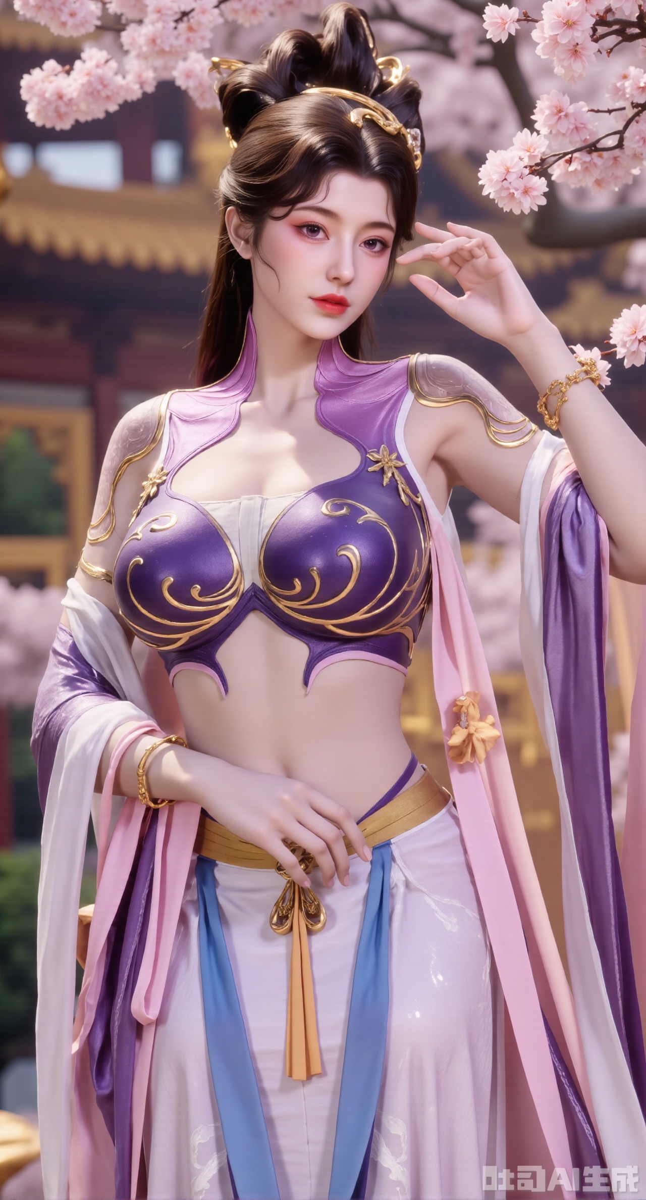(masterpiece, best quality:1.2),1girl, solo, long hair, breasts, looking at viewer, large breasts, hair ornament, dress, bare shoulders, jewelry, purple eyes, long hair, flower, earrings, outdoors, parted lips, necklace, hand on hip, petals, hanfu dress, cherry blossoms, long dress, architecture, east asian architecture, falling petals,(gigantic breasts:2.99),(full breasts:2.99),,Xhanfududou,Xsongzhihanfu,Xlujiajia,Xyanqingfei,XfuqingyunY,Xtangqixiongshanqun