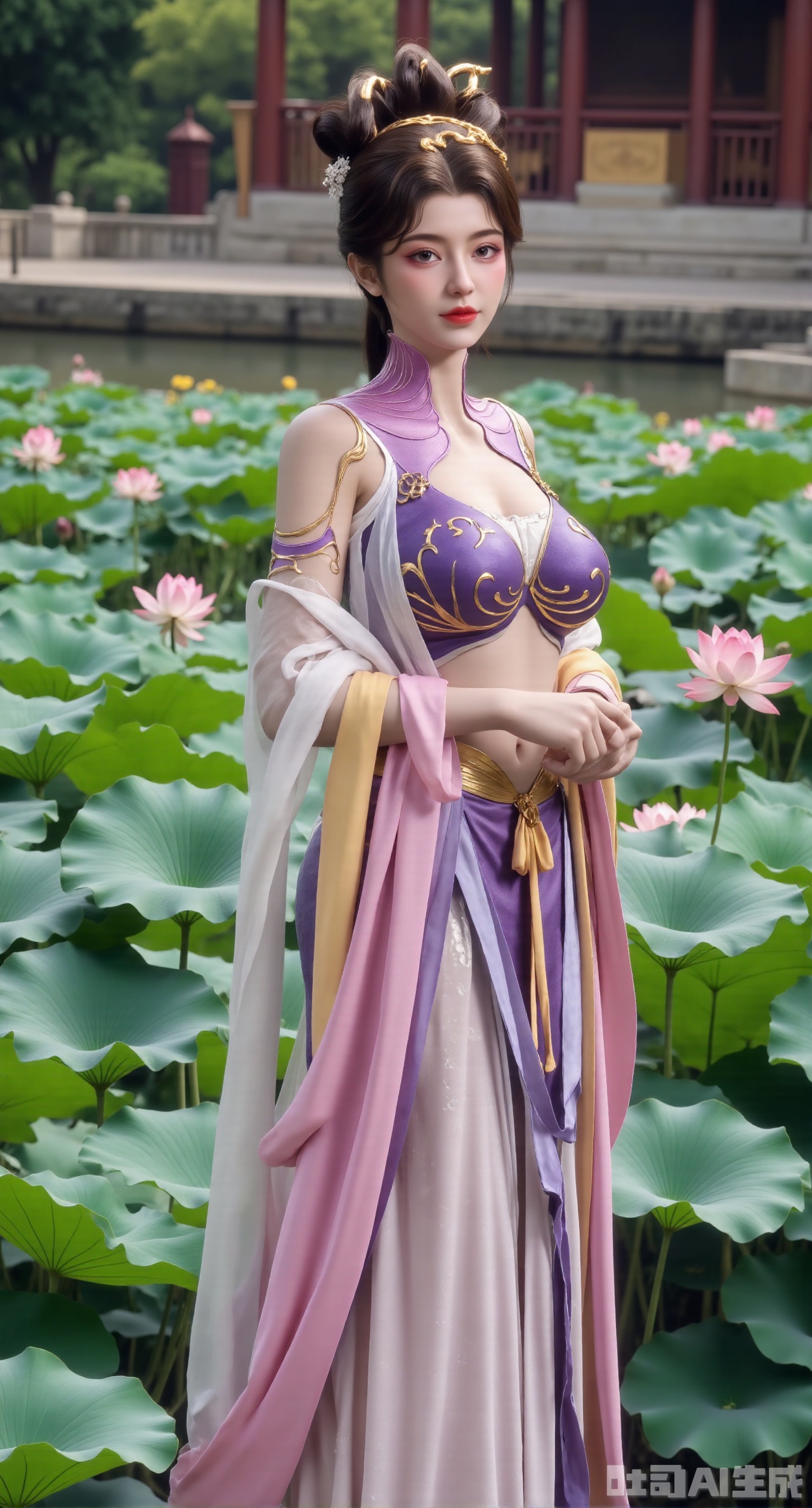  (masterpiece, best quality:1.2),1girl,,big breasts,(Suzhou Garden Lotus Pond,pink lotus,green Lotus Leaf:1.39),(gigantic breasts:2.99),(full breasts:2.99),(Background with traditional Chinese architecture, lotus pond and pink lotus flowers:1.39),,Xhanfududou,Xsongzhihanfu,Xlujiajia,Xyanqingfei,XfuqingyunY,Xtangqixiongshanqun