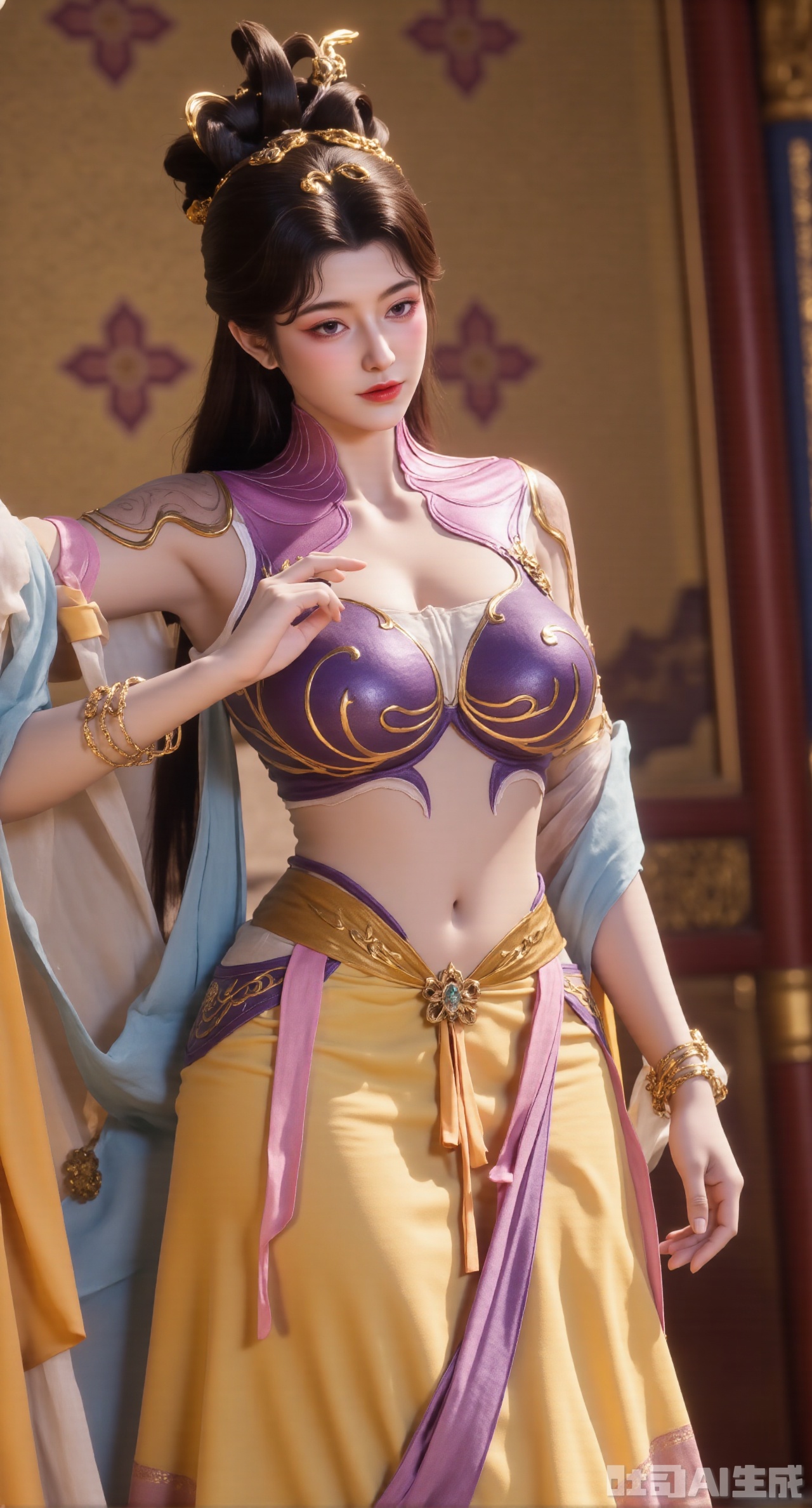 (masterpiece, best quality:1.23),A Hanfu - dressed girl with the style of a Dunhuang flying - apsara dancing maiden. She wears a light - yellow chest - high ruqun embroidered with colorful lotus and flying - bird patterns, full of vitality. The upper ru is in a half - sleeve style, and the cuffs are embroidered with golden rolling - cloud patterns. The girl's hair is combed into Jinghong buns, with a gold hairpin inlaid with gemstones pinned, and the head of the hairpin is carved into the shape of a phoenix. She drapes a light - gray pibo shawl over her shoulders, fluttering as if dancing. The background is the interior of a Dunhuang Mogao Grotto, with the murals on the walls being mottled, and part of it is blurred to highlight the girl's beauty,(huge breasts, full breasts:2.98)
,Xhanfududou,Xsongzhihanfu,Xlujiajia,Xyanqingfei,XfuqingyunY,Xtangqixiongshanqun,Xfeitianhanfu