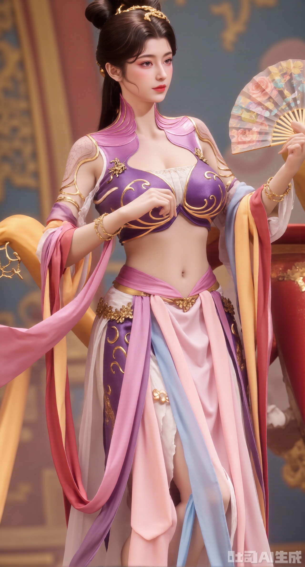 (masterpiece, best quality:1.23),A Hanfu - dressed girl in the style of a Dunhuang flying - apsara dancing maiden. She wears a light - pink chest - high ruqun as light as a feather. The skirt is embroidered with scroll - grass and flowing - cloud patterns outlined in golden silk threads, delicate and beautiful. The upper ru is made of semi - transparent gauze, embroidered with colorful lotus patterns. The girl's hair is combed into double - loop Wangxian buns, with a gold hairpin inlaid with turquoise inserted between the buns, and the hanging beads sway gracefully. She drapes a long red pibo shawl over her shoulders, fluttering in the wind like the ribbons of a flying apsara. Holding a round fan painted with elements of Dunhuang murals, she has a light posture as if dancing. The background is the colorful Dunhuang Mogao Grotto murals, with part of it blurred to highlight the subject,(huge breasts, full breasts:2.98),Xhanfududou,Xsongzhihanfu,Xlujiajia,Xyanqingfei,XfuqingyunY,Xtangqixiongshanqun