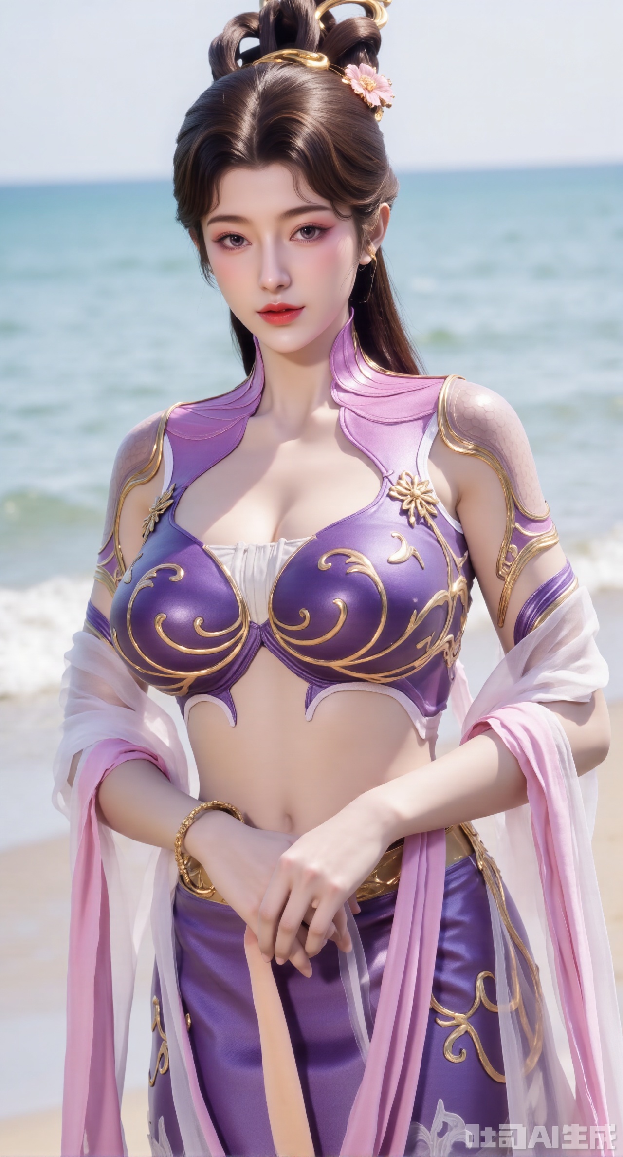 masterpiece, best quality, 1girl,solo,looking at viewer,( outdoor:1.3),sea,beach,realistic,midriff,bare shoulders,standting,hair ornament,long hair,jewelry,long dress,cowboy shot, (huge breasts, full breasts:2.99),,Xhanfududou,Xsongzhihanfu,Xlujiajia,Xyanqingfei,XfuqingyunY,Xtangqixiongshanqun