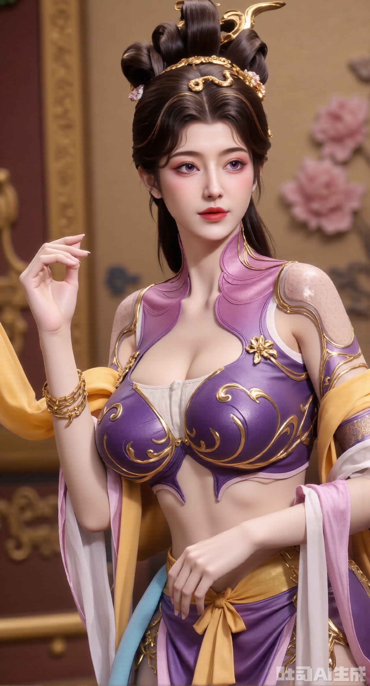 (masterpiece, best quality:1.23),A Hanfu - dressed girl with the style of a Dunhuang flying - apsara dancing maiden. She wears a light - yellow chest - high ruqun embroidered with colorful lotus and flying - bird patterns, full of vitality. The upper ru is in a half - sleeve style, and the cuffs are embroidered with golden rolling - cloud patterns. The girl's hair is combed into Jinghong buns, with a gold hairpin inlaid with gemstones pinned, and the head of the hairpin is carved into the shape of a phoenix. She drapes a light - gray pibo shawl over her shoulders, fluttering as if dancing. The background is the interior of a Dunhuang Mogao Grotto, with the murals on the walls being mottled, and part of it is blurred to highlight the girl's beauty,(huge breasts, full breasts:2.98)
,Xhanfududou,Xsongzhihanfu,Xlujiajia,Xyanqingfei,XfuqingyunY,Xtangqixiongshanqun,Xfeitianhanfu