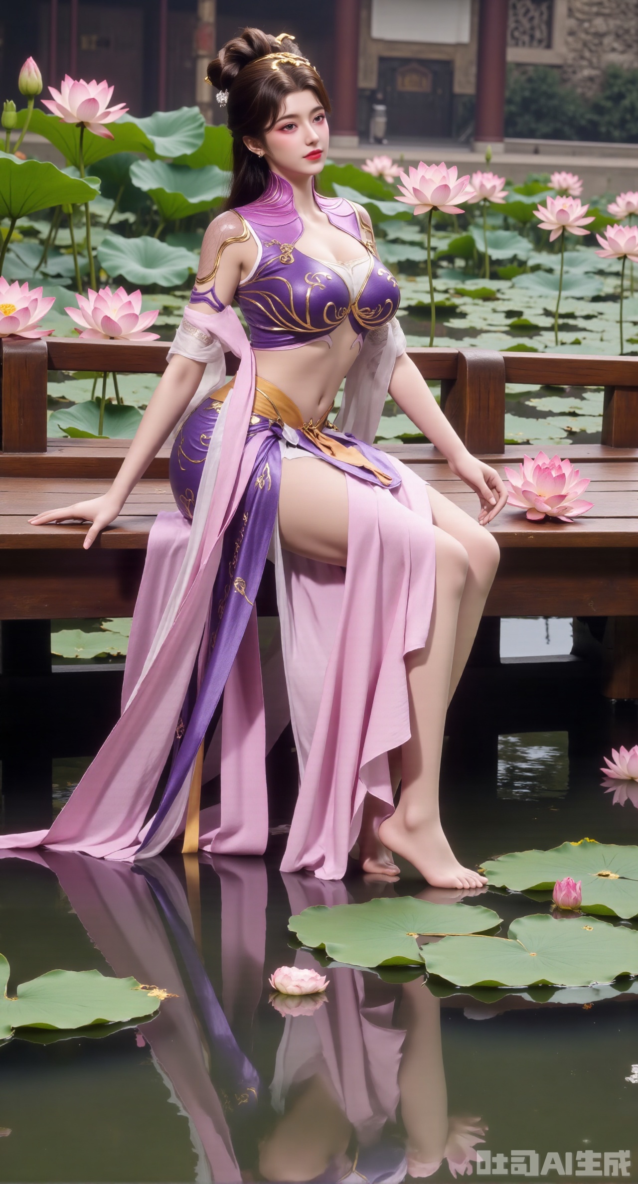 (masterpiece:1.2),best quality,The image is a digital illustration of a young woman sitting on a wooden bench in a pond with lily pads. She is wearing a long dress with design on the chest and sleeves. The dress has a high neckline and short sleeves,Holding a lotus in hand. She has long dark hair styled in loose waves and is wearing gold high heels. The woman is posing with one hand on her hip and the other resting on the edge of the bench. The background is filled with pink and white lotus flowers and green leaves. The overall mood of the image is peaceful and serene,(huge breasts:2.99),(full breasts:2.99),(Background with traditional Chinese architecture, lotus pond and pink lotus flowers:1.39),,,Xhanfududou,Xsongzhihanfu,Xlujiajia,Xyanqingfei,XfuqingyunY,Xtangqixiongshanqun