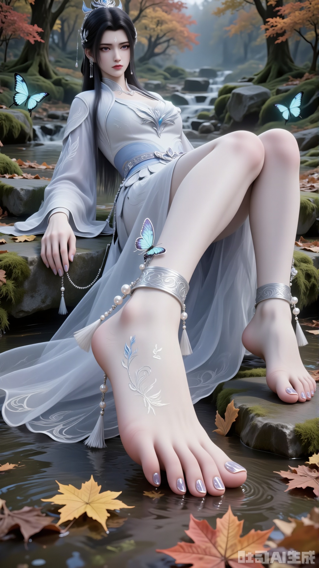 Create a beautiful scene where a woman sits on a stone, barefoot, with a close-up of her feet. Shot from a low angle. Overall: Create an aesthetically pleasing scene where the character blends with the natural environment, facing the viewer.
 
Composition
 
Frame the character and the surrounding autumn leaves completely to present an open visual effect. The character serves as the visual focal point in the frame, with the surrounding fallen leaves and maple trees enhancing the atmosphere.
 
Perspective & Action
 
- Perspective: Looking at the camera. Low-angle upward shot clearly shows the layout between the character and the fallen leaves on the ground, offering a unique visual experience.
- Action: "Sits sideways against the stone, toes gently touching the water flow below, one hand naturally resting on the stone steps, the other relaxing by the side." Highlight delicate hands and fingers.
 
Character Details
 
- Appearance: Slender Eastern ancient-style female character with a mark on the forehead. Long black hair. Exquisite eyes with colored contact lenses.
- Clothing:
- Type: Xianxia-style robe adapted from traditional Hanfu, main color white. Silk-textured fabric with subtle pearlescent effect, showing soft luster changes under different light.
- Structure: Upper garment features layered petal-cut decorations at the neckline and chest for a light, airy feel; wide sleeves with gradient light-blue feather embroidery and tiny light-blue gemstones along the cuffs; waist cinched by a belt with a silver inlay, dangling tassels of pearls and blue jade beads; loose floor-length skirt with natural drape folds.
 
Hairstyle & Accessories
 
- Hairstyle: Classical high bun with part of the hair falling naturally over shoulders. Jet-black, glossy hair strands with lifelike texture.
- Accessories: Silver hair ornaments including a crown, necklace, and earrings. Embroidery details on the clothing.
- Legs & Feet: Exposed slender legs. Barefoot with shiny transparent nail polish, manicured nails, visible toes, and a butterfly-pendant ankle bracelet.
 
Background
 
Autumn backdrop with ground covered in colorful fallen leaves (orange, yellow, red), mossy stones, weeds, wildflowers, a clear stream, floating leaves, and fluttering butterflies. Maple branches in the foreground create a rich, tranquil autumn atmosphere.