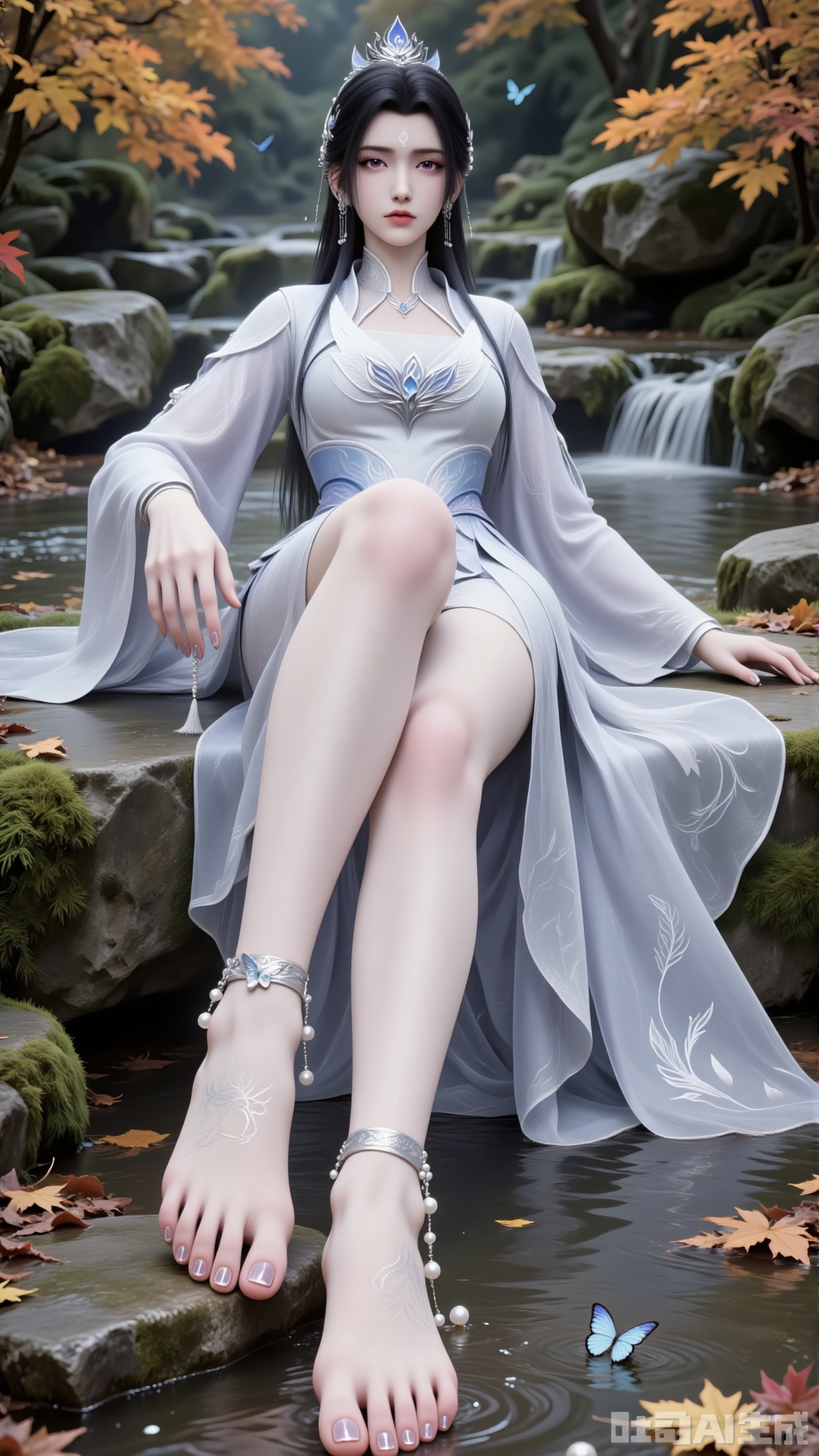 Create a beautiful scene where a woman sits on a stone, barefoot, with a close-up of her feet. Shot from a low angle. Overall: Create an aesthetically pleasing scene where the character blends with the natural environment, facing the viewer.
 
Composition
 
Frame the character and the surrounding autumn leaves completely to present an open visual effect. The character serves as the visual focal point in the frame, with the surrounding fallen leaves and maple trees enhancing the atmosphere.
 
Perspective & Action
 
- Perspective: Looking at the camera. Low-angle upward shot clearly shows the layout between the character and the fallen leaves on the ground, offering a unique visual experience.
- Action: "Sits sideways against the stone, toes gently touching the water flow below, one hand naturally resting on the stone steps, the other relaxing by the side." Highlight delicate hands and fingers.
 
Character Details
 
- Appearance: Slender Eastern ancient-style female character with a mark on the forehead. Long black hair. Exquisite eyes with colored contact lenses.
- Clothing:
- Type: Xianxia-style robe adapted from traditional Hanfu, main color white. Silk-textured fabric with subtle pearlescent effect, showing soft luster changes under different light.
- Structure: Cross-collar upper garment (交领右衽) with layered petal-cut decorations at neckline and chest for lightness. Wide sleeves with gradient light-blue feather embroidery and tiny light-blue gemstones along cuffs. Waist cinched by a belt with a silver inlay, dangling tassels of pearls and blue jade beads. Loose floor-length split skirt with natural drape folds.
 
Hairstyle & Accessories
 
- Hairstyle: Classical high bun with neat contours, part of the hair falling naturally over shoulders. Jet-black, glossy hair strands with lifelike texture.
- Accessories: Silver hair ornaments including a crown, necklace, and earrings. Embroidery details on the clothing.
- Legs & Feet: Exposed slender legs. Barefoot with shiny transparent nail polish, manicured nails, visible toes, and an ankle bracelet with a butterfly pendant.
 
Background
 
Autumn backdrop with ground covered in colorful fallen leaves (orange, yellow, red), mossy stones, weeds, wildflowers, a clear stream, and floating leaves. Maple branches in the foreground create a rich, tranquil autumn atmosphere.