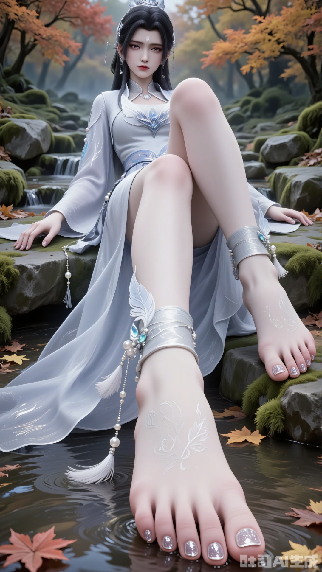 A beautiful woman sits on a stone, barefoot, with a close-up of her feet. Shot from a low angle. Overall: Create an aesthetic scene where the character blends with the natural environment, facing the viewer.
 
Composition
 
Frame the character and surrounding autumn leaves completely for an open visual effect. The character serves as the visual focal point, with fallen leaves and maple trees enhancing the backdrop.
 
Perspective & Action
 
- Perspective: Looking at the camera. Low-angle upward shot clearly shows the layout between the character and ground leaves, offering a unique visual experience.
- Action: "Leans sideways against the stone. One leg is straight, toes gently touching the water flow below; the other leg is bent and raised. One hand rests naturally on the stone steps, the other relaxes by the side." Highlight delicate hands and fingers.
 
Character Details
 
- Appearance: Slender Eastern ancient-style female character with a mark on the forehead. Long black hair. Exquisite eyes with colored contact lenses.
- Clothing:
- Type: Xianxia-style robe adapted from traditional Hanfu, main color white. Silk-textured fabric with subtle pearlescent effect, showing soft luster changes under different light.
- Structure: Cross-collar upper garment (交领右衽) with layered petal-cut decorations at neckline and chest for lightness. Wide sleeves with gradient light-blue feather embroidery and tiny light-blue gemstones along cuffs. Waist cinched by a belt with a silver inlay, dangling tassels of pearls and blue jade beads. Loose floor-length skirt with natural drape folds.
 
Hairstyle & Accessories
 
- Hairstyle: Classical high bun with neat contours, part of the hair falling naturally over shoulders. Jet-black, glossy hair strands with lifelike texture.
- Accessories: Silver hair ornaments including a crown, necklace, and earrings. Embroidery details on the clothing.
- Legs & Feet: Exposed slender legs. Barefoot with shiny transparent nail polish, manicured nails, and visible toes.
 
Background
 
Autumn backdrop with ground covered in colorful fallen leaves (orange, yellow, red), mossy stones, weeds, wildflowers, a clear stream, and floating leaves. Maple branches in the foreground create a rich, tranquil autumn atmosphere.