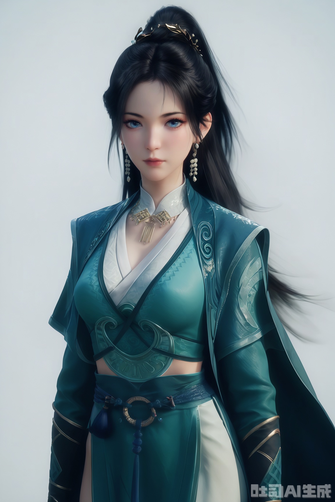 score_9,score_8_up,score_7_up,1girl,long hair,breast,medium breast,earrings,hair_ornament,ponytail,dress,black hair,blue eyes,chinese_clothes,cape,simple background,white_background,
