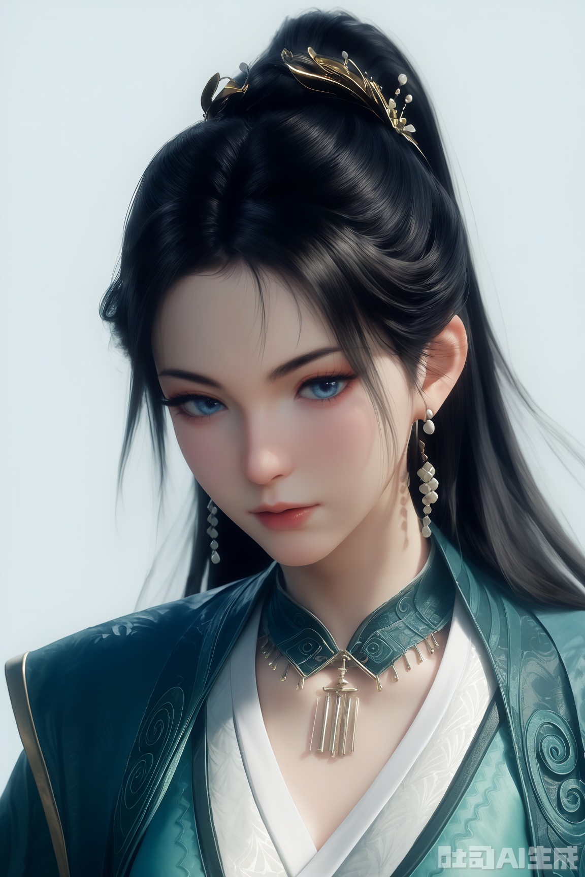 score_9,score_8_up,score_7_up,1girl,long hair,breast,medium breast,earrings,hair_ornament,ponytail,dress,black hair,blue eyes,chinese_clothes,cape,simple background,white_background,portrait, 