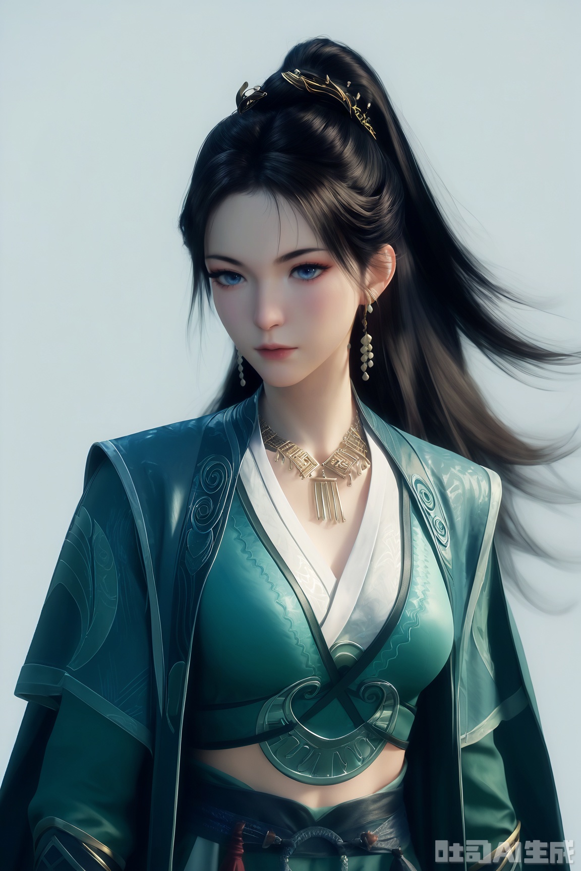 score_9,score_8_up,score_7_up,1girl,long hair,breast,medium breast,earrings,hair_ornament,ponytail,dress,black hair,blue eyes,chinese_clothes,cape,simple background,white_background,