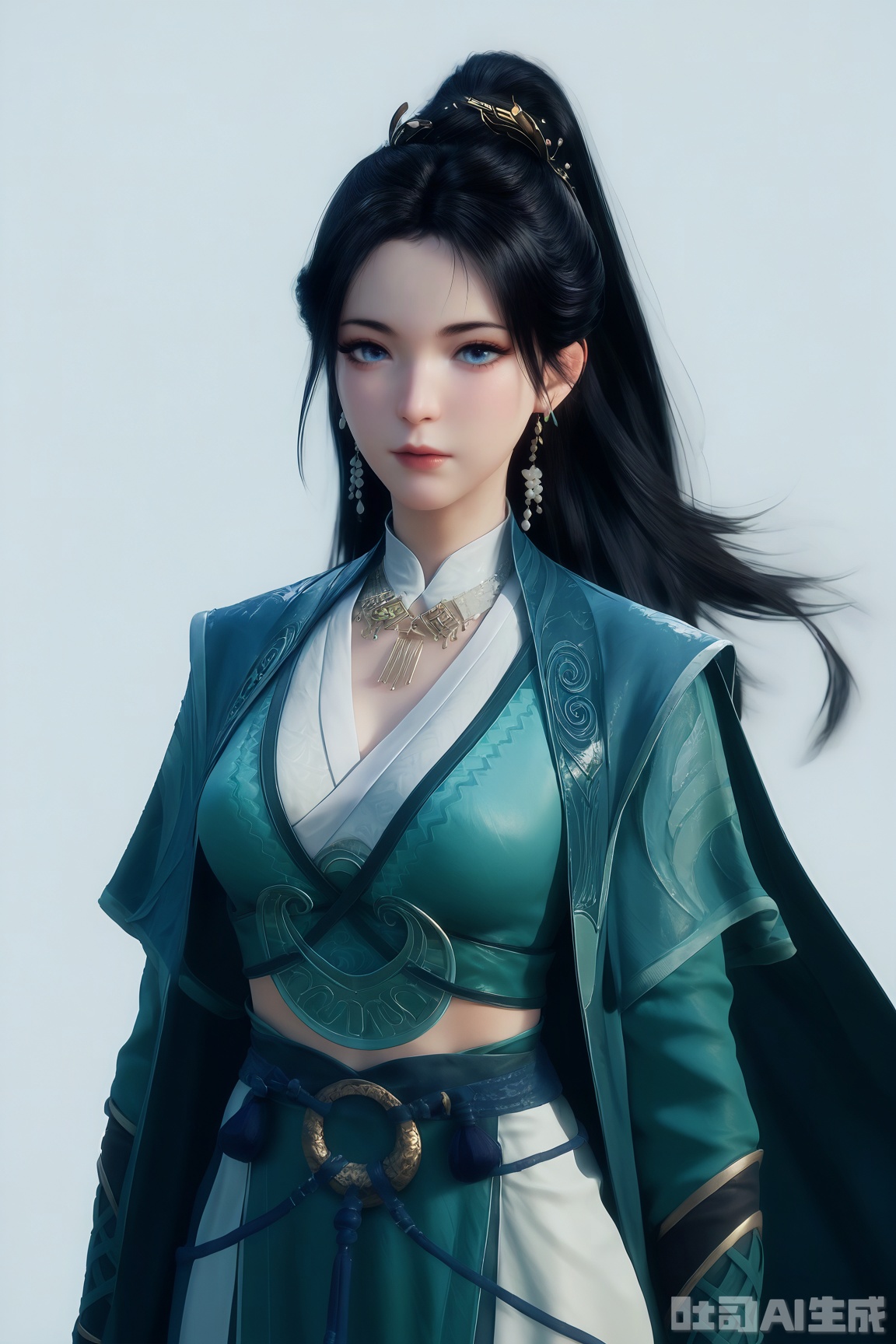 score_9,score_8_up,score_7_up,1girl,long hair,breast,medium breast,earrings,hair_ornament,ponytail,dress,black hair,blue eyes,chinese_clothes,cape,simple background,white_background,