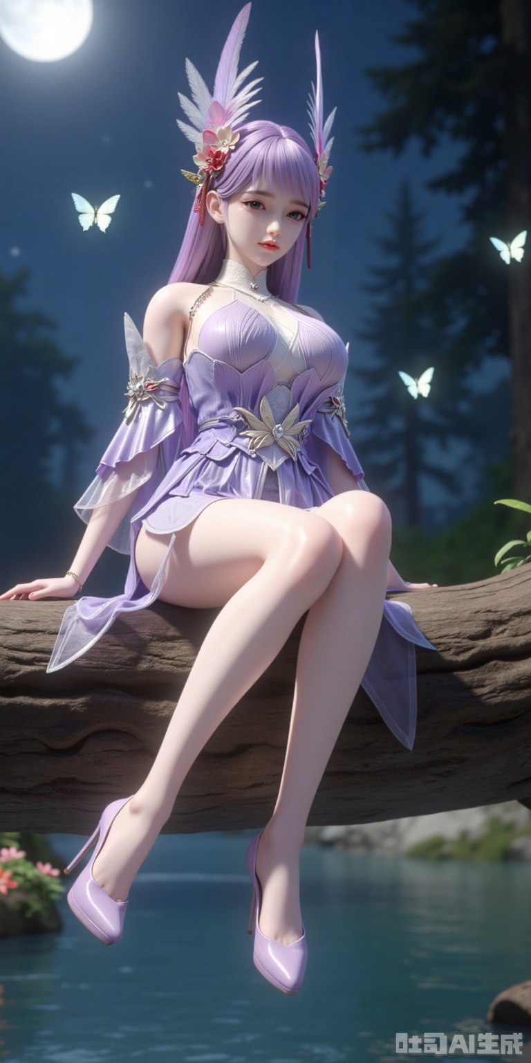 This is a 3D style virtual character illustration. In the picture, a female character wearing lilac clothes and light-colored high heels sits gracefully on the wood by the water. Her hair is decorated with feathers and flowers, and the background is the woods under the moonlit night, with butterflies flying and small flowers embellishing, creating a dreamy and mysterious atmosphere.,lzy