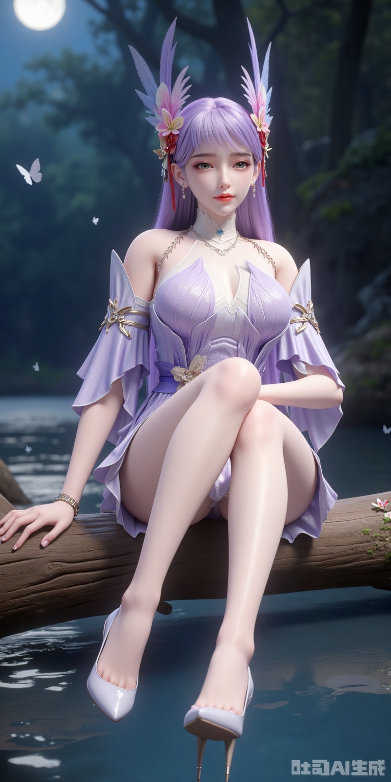 This is a 3D style virtual character illustration. In the picture, a female character wearing lilac clothes and light-colored high heels sits gracefully on the wood by the water. Her hair is decorated with feathers and flowers, and the background is the woods under the moonlit night, with butterflies flying and small flowers embellishing, creating a dreamy and mysterious atmosphere.,lzy