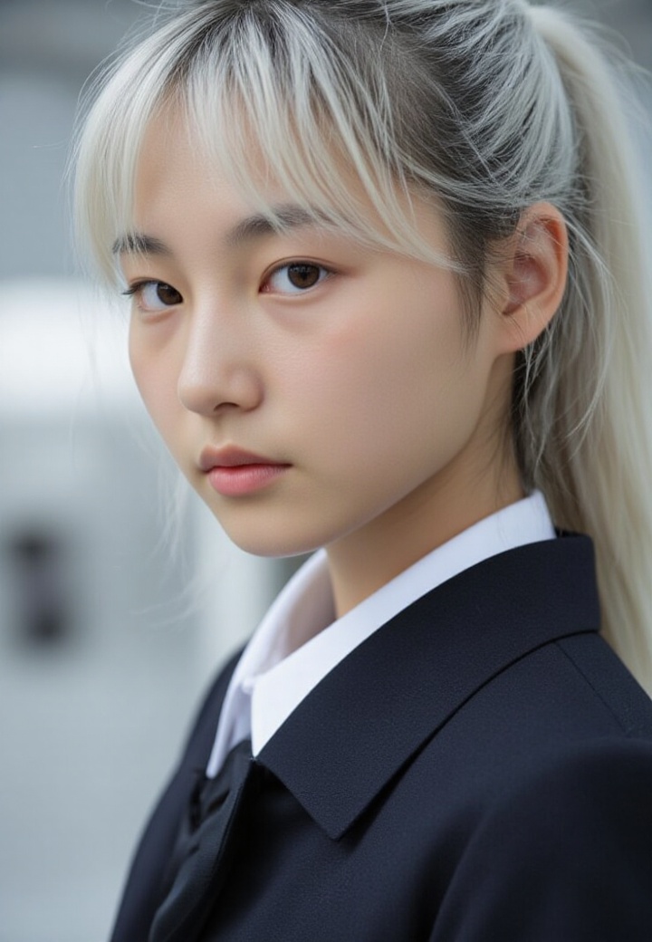 In a breathtaking 8k UHD composition,  a stunning ***** girl,  characterized by long white hair tied in a ponytail on Tens...