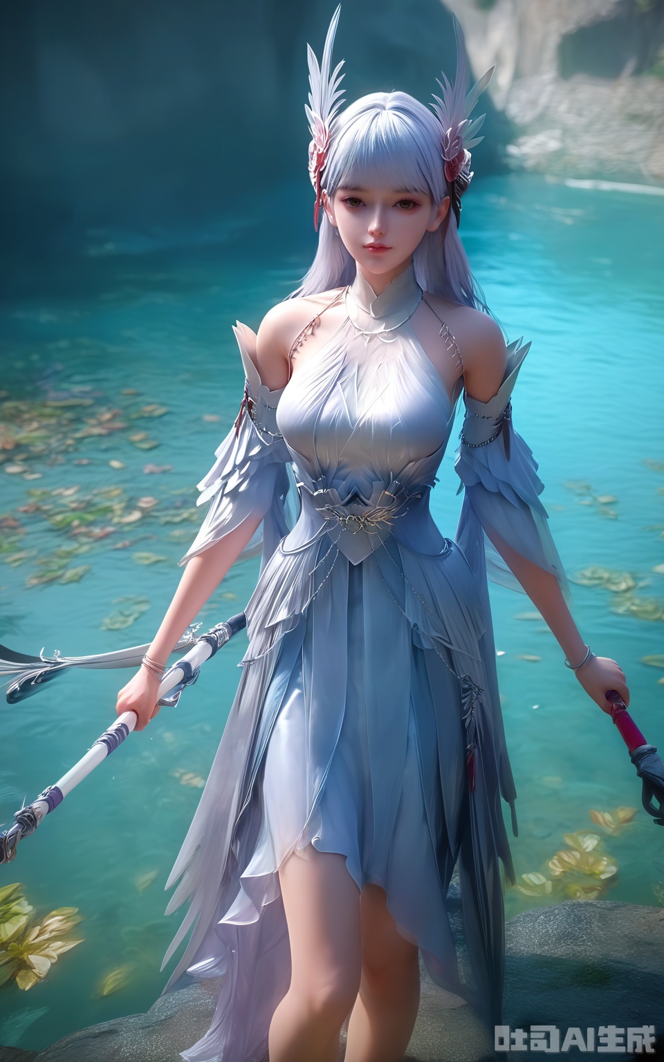score_9,score_8_up,score_7_up,1girl, solo, long hair, breasts, looking at viewer, bangs, hair ornament, dress, holding, bare shoulders, closed mouth, standing, weapon, detached sleeves, water, holding weapon, white dress, feathers, head wings, realistic