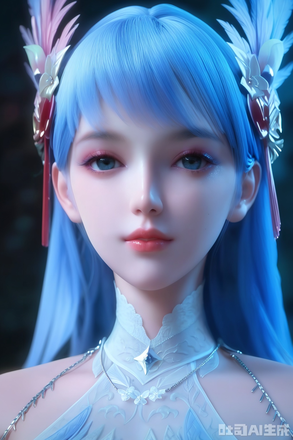 score_9,score_8_up,score_7_up,1girl, solo, long hair, looking at viewer, blue eyes, hair ornament, dress, bare shoulders, eyeshadow, blue hair, upper body, lips, realistic
