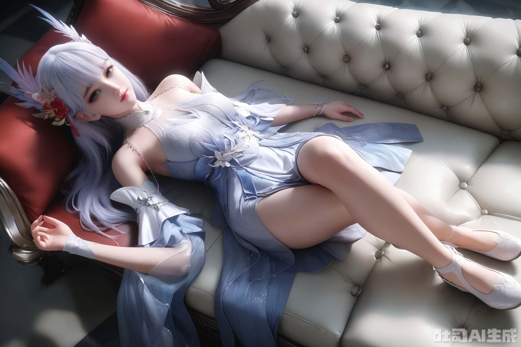 score_9,score_8_up,score_7_up,1girl, solo, long hair, breasts, looking at viewer, bangs, hair ornament, dress, bare shoulders, detached sleeves, white dress, lying, shoes, on back, white footwear, couch,white hair