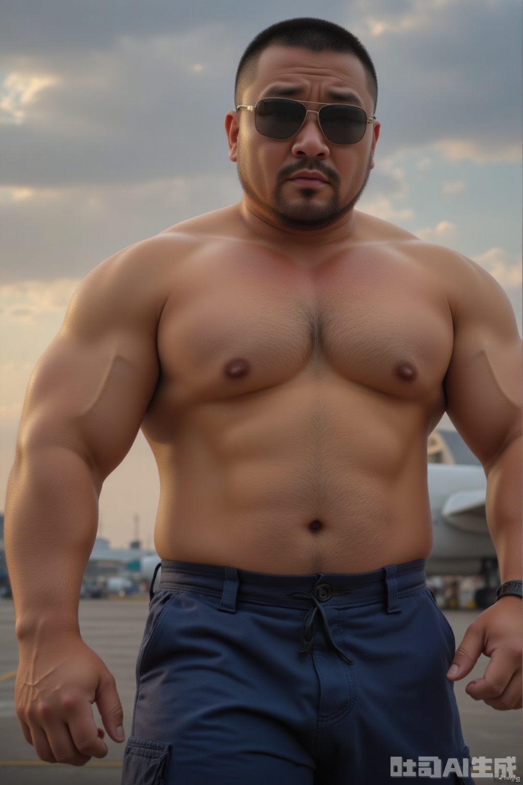 Bestquality,masterpiece,ultrahighres,detailedbackground,realistic,illustration,a voluptuous figure,Nipples on the chest,slightly chubby pecs,muscle covered by fat,
cowboyshot,solo,1boy,muscular,husky,beardlet,buzz cut,fullbody,pilot,airport,beardlet,volumetriclighting,depthoffield, .