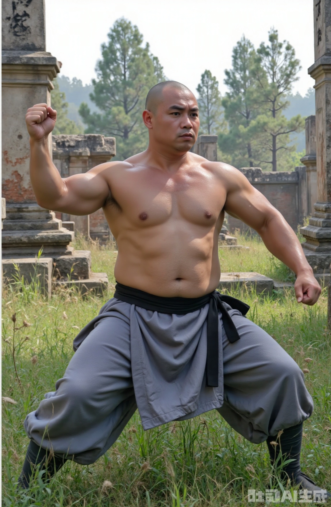A semi shirtless Shaolin monk wearing a gray monk's robe and a black belt practices martial arts under the scorching sun, in an environment with ancient architectural ruins and grasslands. He is sweating profusely,fat and strong,a voluptuous figure