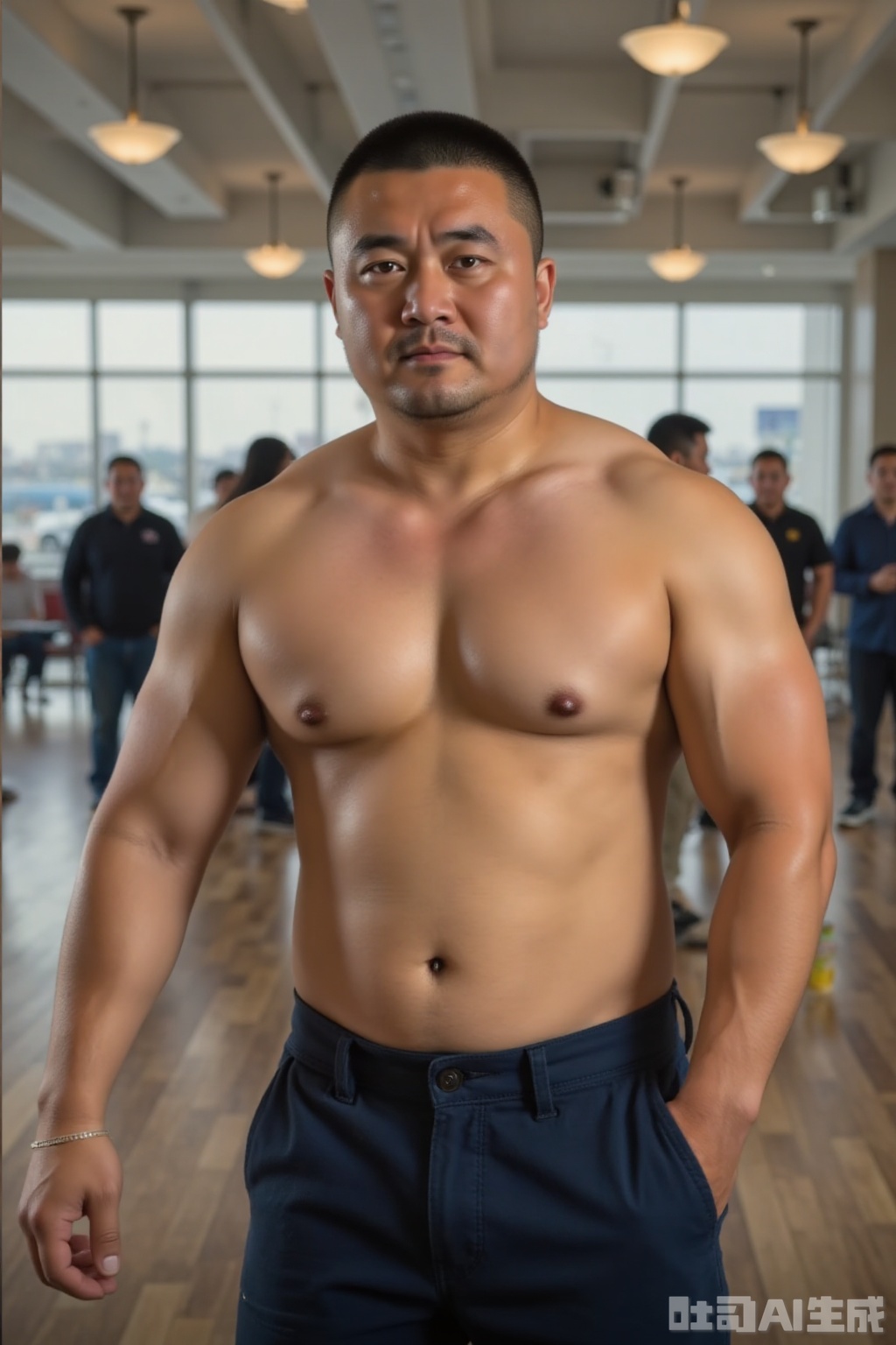 Bestquality,masterpiece,ultrahighres,detailedbackground,realistic,illustration,a voluptuous figure,Nipples on the chest,slightly chubby pecs,muscle covered by fat,
cowboyshot,solo,1boy,muscular,husky,beardlet,buzz cut,fullbody,pilot,airport,beardlet,volumetriclighting,depthoffield, .