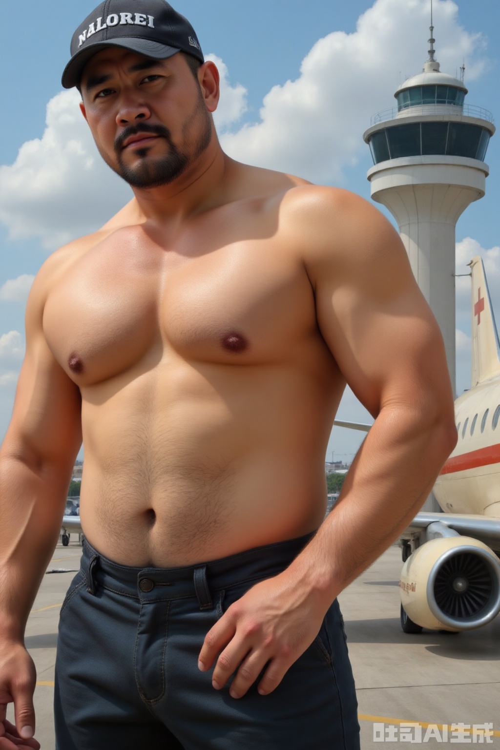 Bestquality,masterpiece,ultrahighres,detailedbackground,realistic,illustration,cowboyshot,solo,1boy,muscular,husky,beardlet,buzz cut,fullbody,pilot,airport,beardlet,volumetriclighting,depthoffield, .