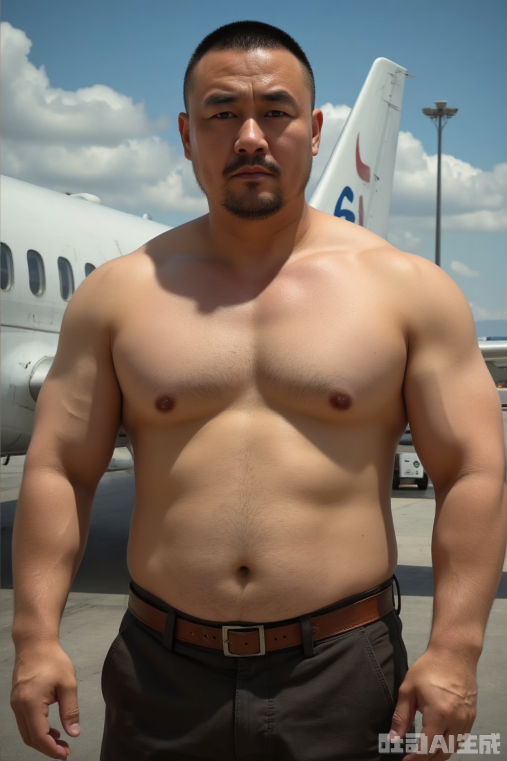 Bestquality,masterpiece,ultrahighres,detailedbackground,realistic,illustration,a voluptuous figure,Nipples on the chest,slightly chubby pecs,muscle covered by fat,
cowboyshot,solo,1boy,muscular,husky,beardlet,buzz cut,fullbody,pilot,airport,beardlet,volumetriclighting,depthoffield, .