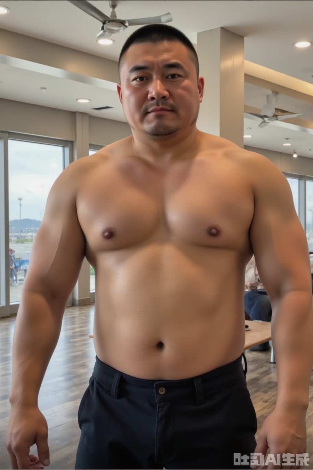 Bestquality,masterpiece,ultrahighres,detailedbackground,realistic,illustration,a voluptuous figure,Nipples on the chest,slightly chubby pecs,muscle covered by fat,
cowboyshot,solo,1boy,muscular,husky,beardlet,buzz cut,fullbody,pilot,airport,beardlet,volumetriclighting,depthoffield, .