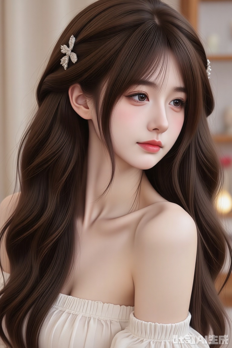 side view,a young beauty with fair skin,her long hair is styled with head accessories