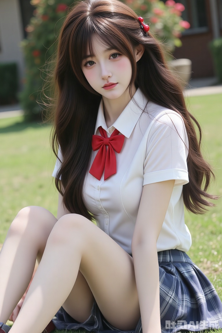 side-view, full-body portrait of a young beauty. She possesses flowing long hair secured with a delicate hair clip. She wears a classic school uniform: a collared white shirt with short sleeves, featuring a red bowtie at the neckline. Her large breasts fill the crisp white fabric. The ensemble includes a blue plaid skirt,and dark brown loafers.Her hair is styled with a red cherry hair accessory on one side.she is sitting on the lawn while her legs stretching