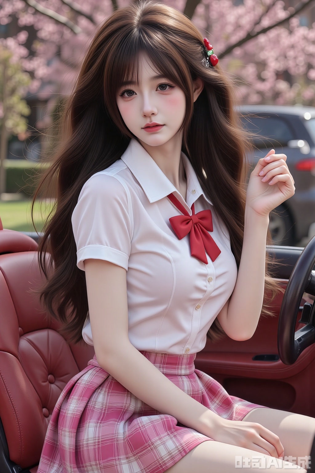 A side-view, full-body portrait of a young beauty. She possesses flowing long hair secured with a delicate hair clip. She wears a classic school uniform: a collared white shirt with short sleeves, featuring a red bowtie at the neckline. Her large breasts fill the crisp white fabric. The ensemble includes a pink and white tartan plaid skirt, white pantyhose, and dark brown loafers.Her hair is styled with a red cherry hair accessory on one side.she is sitting on Porsche car seat,while the car door wide open.outdoors,cherry blossom