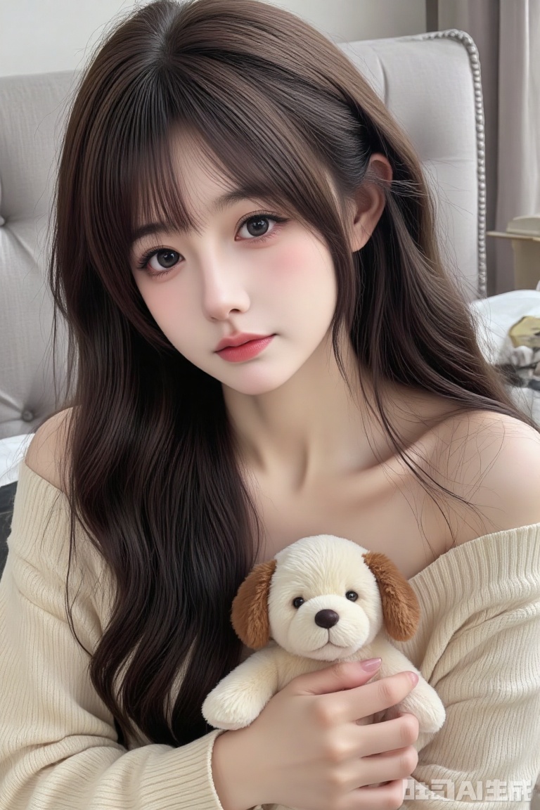 This is a photograph of an East Asian woman with long, straight, black hair that cascades over her shoulders. She has fair skin and a delicate, youthful appearance. Her eyes are large and expressive, with a slight upward tilt, and her lips are naturally pink, slightly parted. She is wearing a soft, cream-colored, ribbed knit top that contrasts with her dark hair and light skin. 

In the image, she is holding a small, plush toy dog in her right hand, which she is gently cradling close to her chest. The toy dog is made of a fuzzy, off-white material with brown patches on its head and body, resembling a puppy. The background of the image is softly blurred, indicating it is taken indoors, possibly in a bedroom. The headboard of a bed is visible behind her, upholstered in a neutral, light gray fabric. The overall lighting is natural, likely from a window, casting a soft, even light over the scene. The image has a warm, intimate atmosphere, with the subject's serene expression and the cozy, comforting presence of the toy dog contributing to a sense of calm and tenderness.