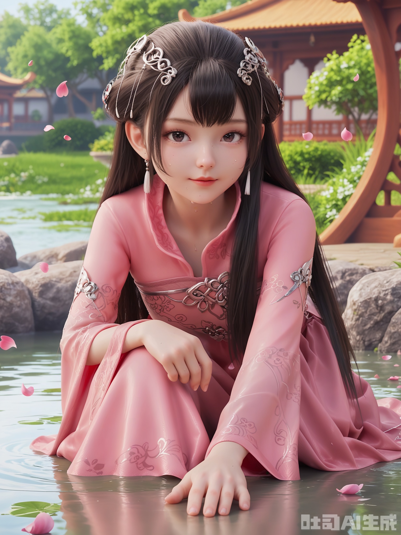 score_9,score_8_up,score_7_up,realistic,photorealistic,1girl,looking_at_viewer,realistic,1girl,Vivid Colors,bright environment,delicate water,hair_ornament,shiny skin,shiny hair,reflection,dress,flower sea,falling petals,extreme detail description,(upper body:0.3),put one hand on your side,long_hair,(skindentation:1.3),Fishnet stockings,bright,sunshine on face,light,sweating,dress,light,sitting_down,glowing,sunshine,bright,reflection,(pale_skin:1.3),chinese clothes,pink dress,