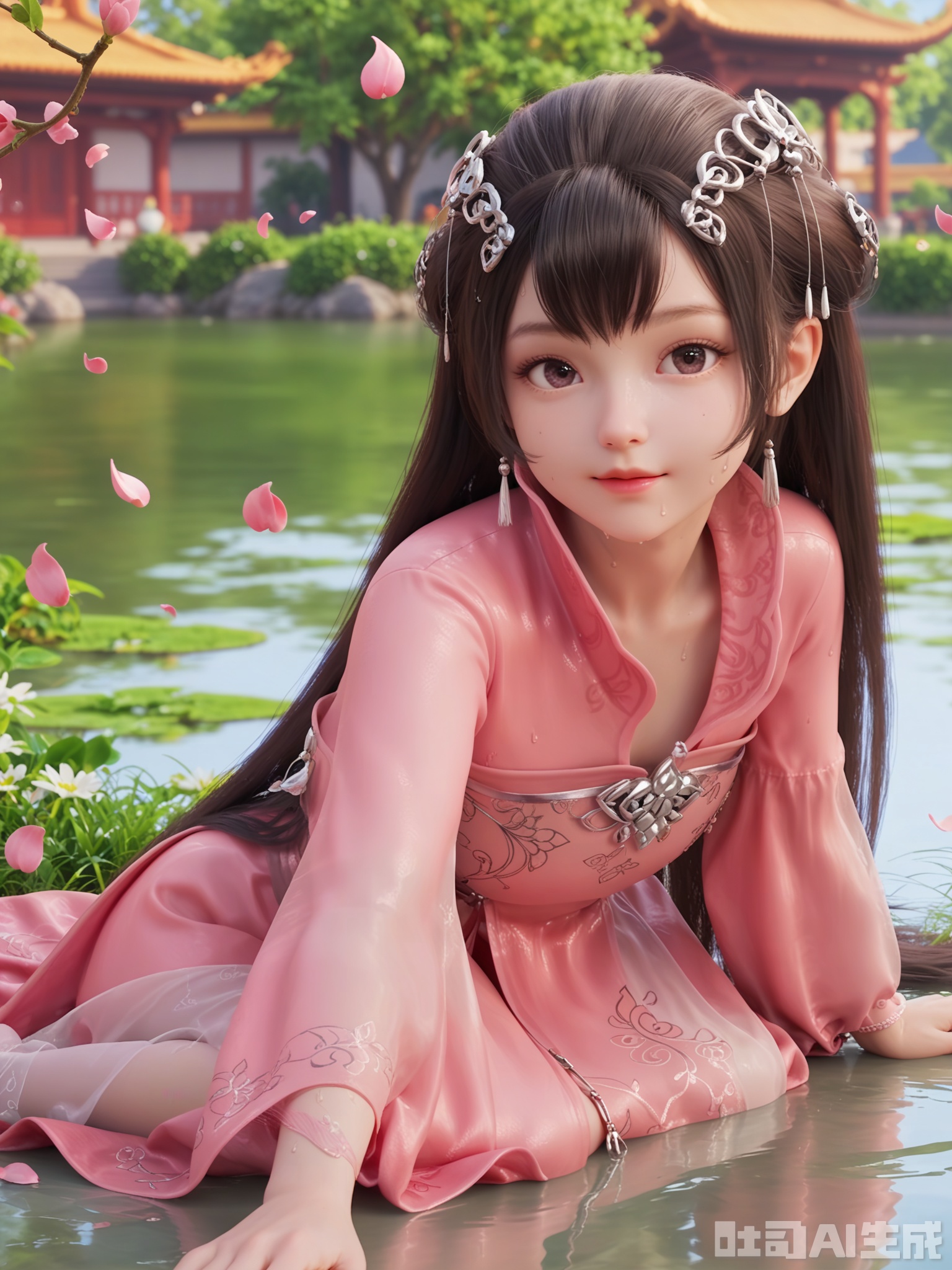 score_9,score_8_up,score_7_up,realistic,photorealistic,1girl,looking_at_viewer,realistic,1girl,Vivid Colors,bright environment,delicate water,hair_ornament,shiny skin,shiny hair,reflection,dress,flower sea,falling petals,extreme detail description,(upper body:0.3),put one hand on your chest,long_hair,(skindentation:1.3),Fishnet stockings,bright,sunshine on face,light,sweating,light,sitting_down,glowing,sunshine,bright,reflection,(pale_skin:1.3),chinese clothes,see-through,pink dress,