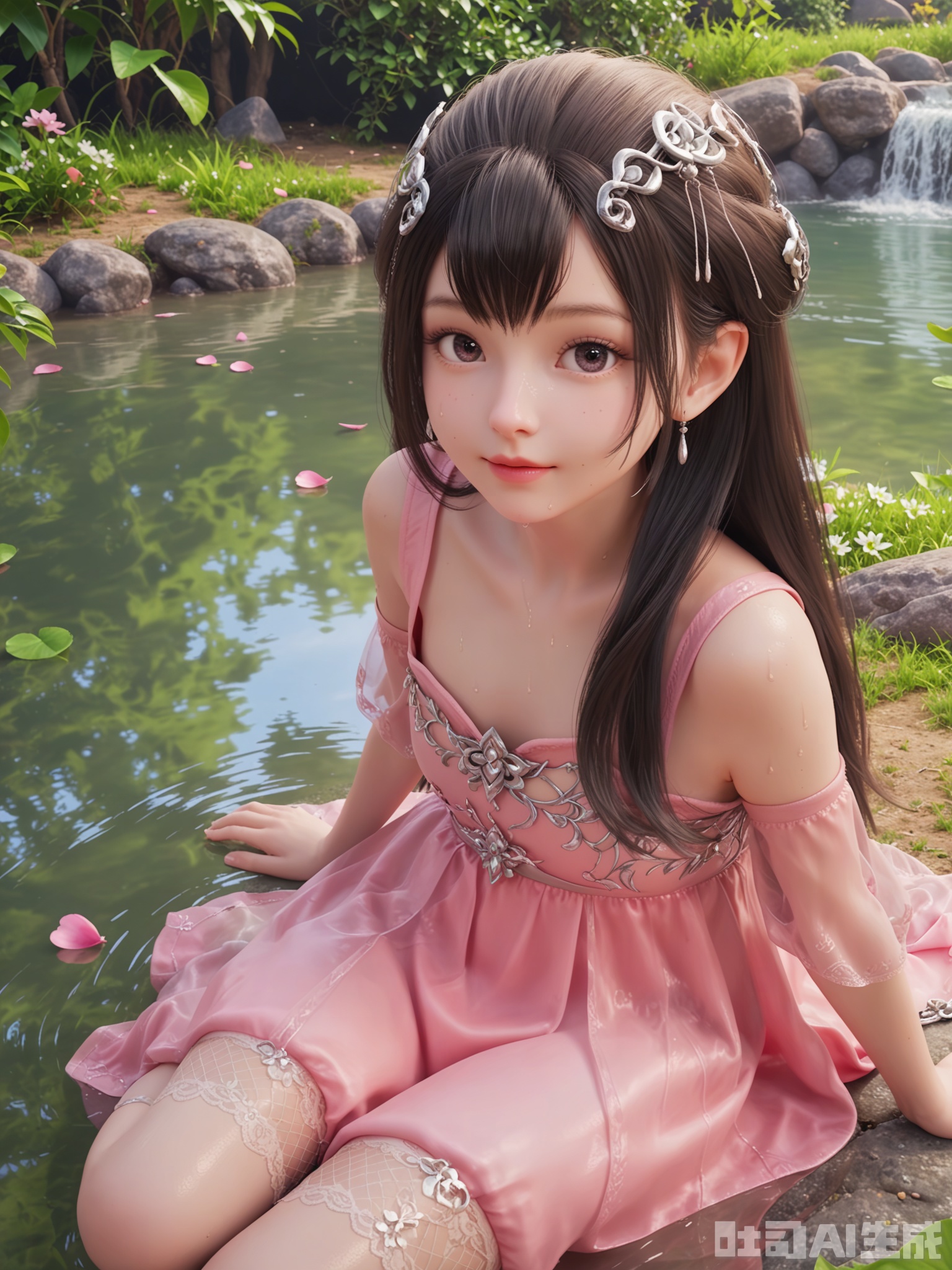 score_9,score_8_up,score_7_up,realistic,photorealistic,1girl,looking_at_viewer,realistic,1girl,Vivid Colors,bright environment,delicate water,hair_ornament,shiny skin,shiny hair,reflection,dress,flower sea,falling petals,extreme detail description,(upper body:0.3),put one hand on your chest,long_hair,(skindentation:1.3),Fishnet stockings,bright,sunshine on face,light,sweating,light,sitting_down,glowing,sunshine,bright,reflection,(pale_skin:1.3),see-through,pink dress,