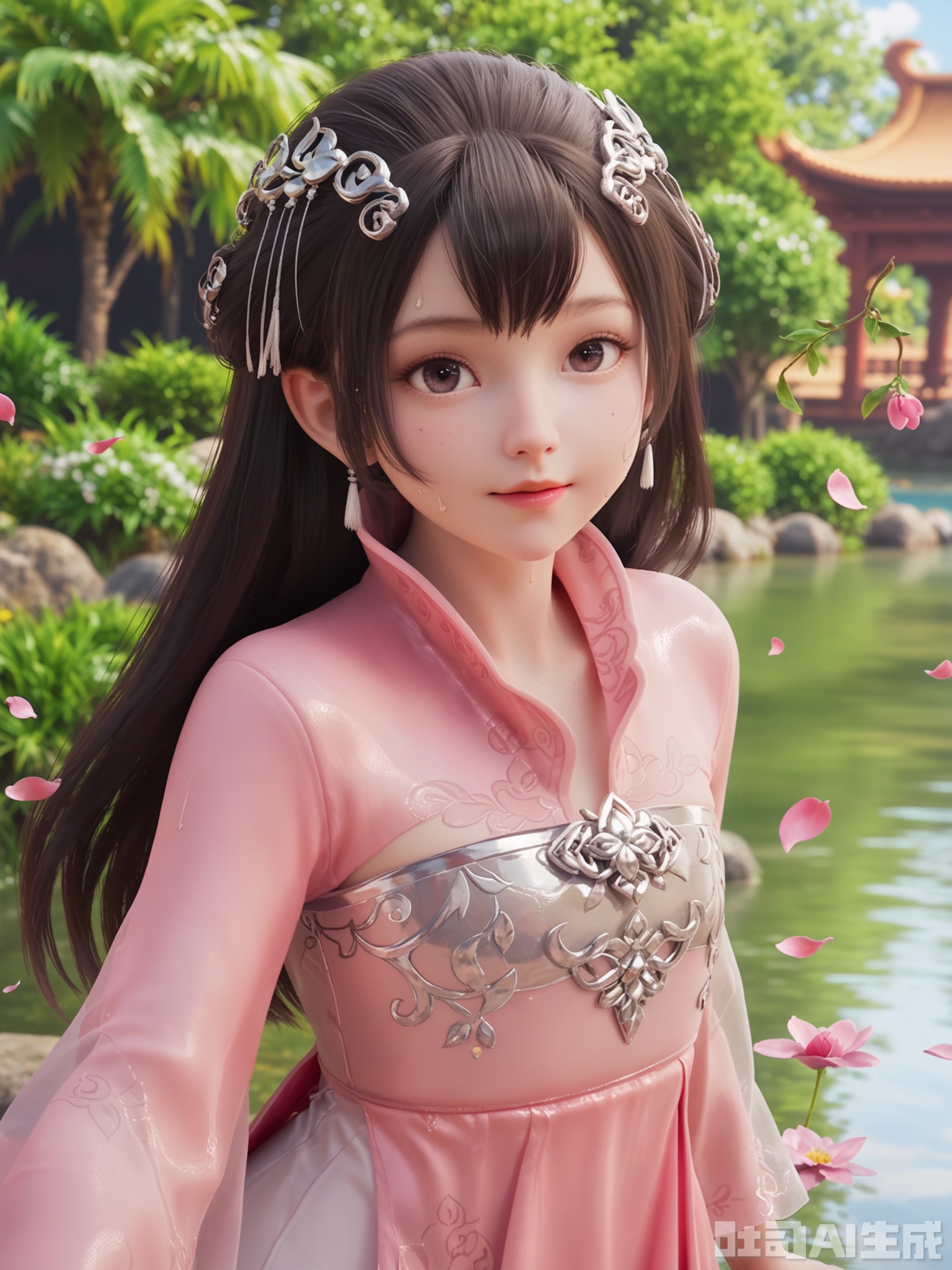 score_9,score_8_up,score_7_up,realistic,photorealistic,1girl,looking_at_viewer,realistic,1girl,Vivid Colors,bright environment,delicate water,hair_ornament,shiny skin,shiny hair,reflection,dress,flower sea,falling petals,extreme detail description,(upper body:0.3),put one hand on your chest,long_hair,(skindentation:1.3),bright,sunshine on face,light,sweating,light,glowing,sunshine,bright,reflection,(pale_skin:1.3),chinese clothes,white stocking,see-through,pink dress,