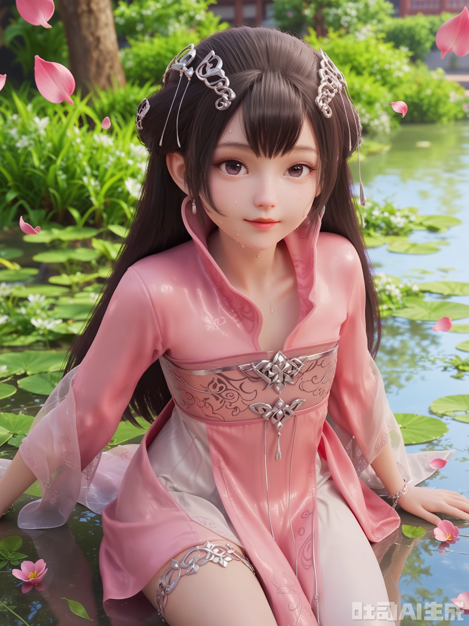 score_9,score_8_up,score_7_up,realistic,photorealistic,1girl,looking_at_viewer,realistic,1girl,Vivid Colors,bright environment,delicate water,hair_ornament,shiny skin,shiny hair,reflection,dress,flower sea,falling petals,extreme detail description,(upper body:0.3),put one hand on your chest,long_hair,(skindentation:1.3),bright,sunshine on face,light,sweating,light,glowing,sunshine,bright,reflection,(pale_skin:1.3),chinese clothes,white stocking,see-through,pink dress,